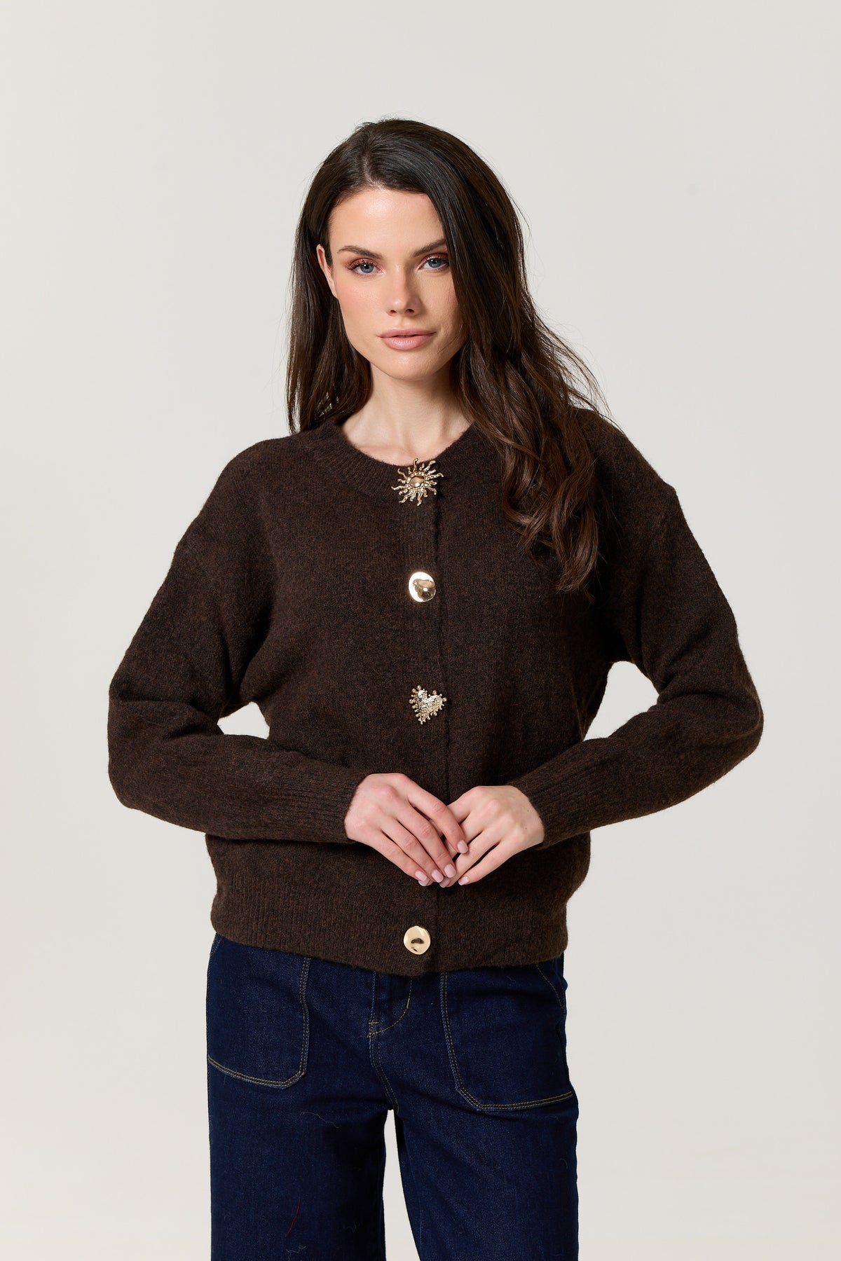 
                  
                    Brown Jewel Button Wool Blend Cardigan
                  
                