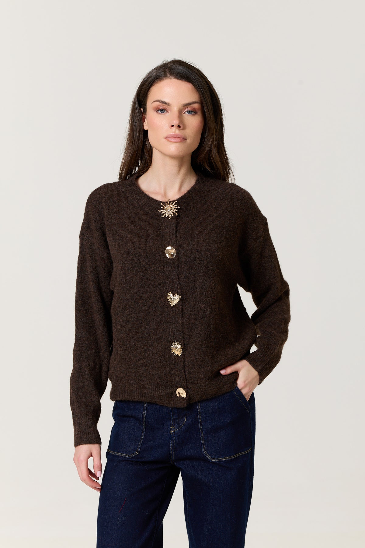 
                  
                    Brown Jewel Button Wool Blend Cardigan
                  
                