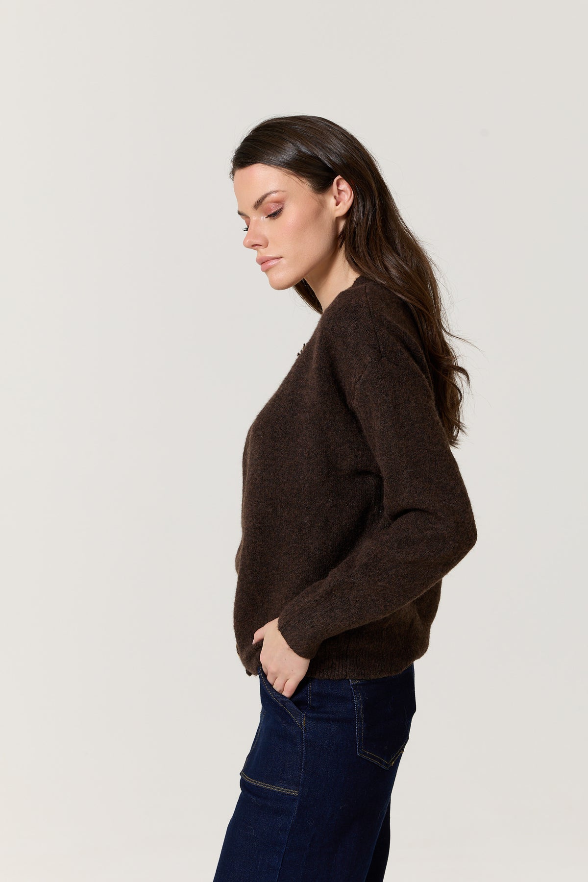 
                  
                    Brown Jewel Button Wool Blend Cardigan
                  
                