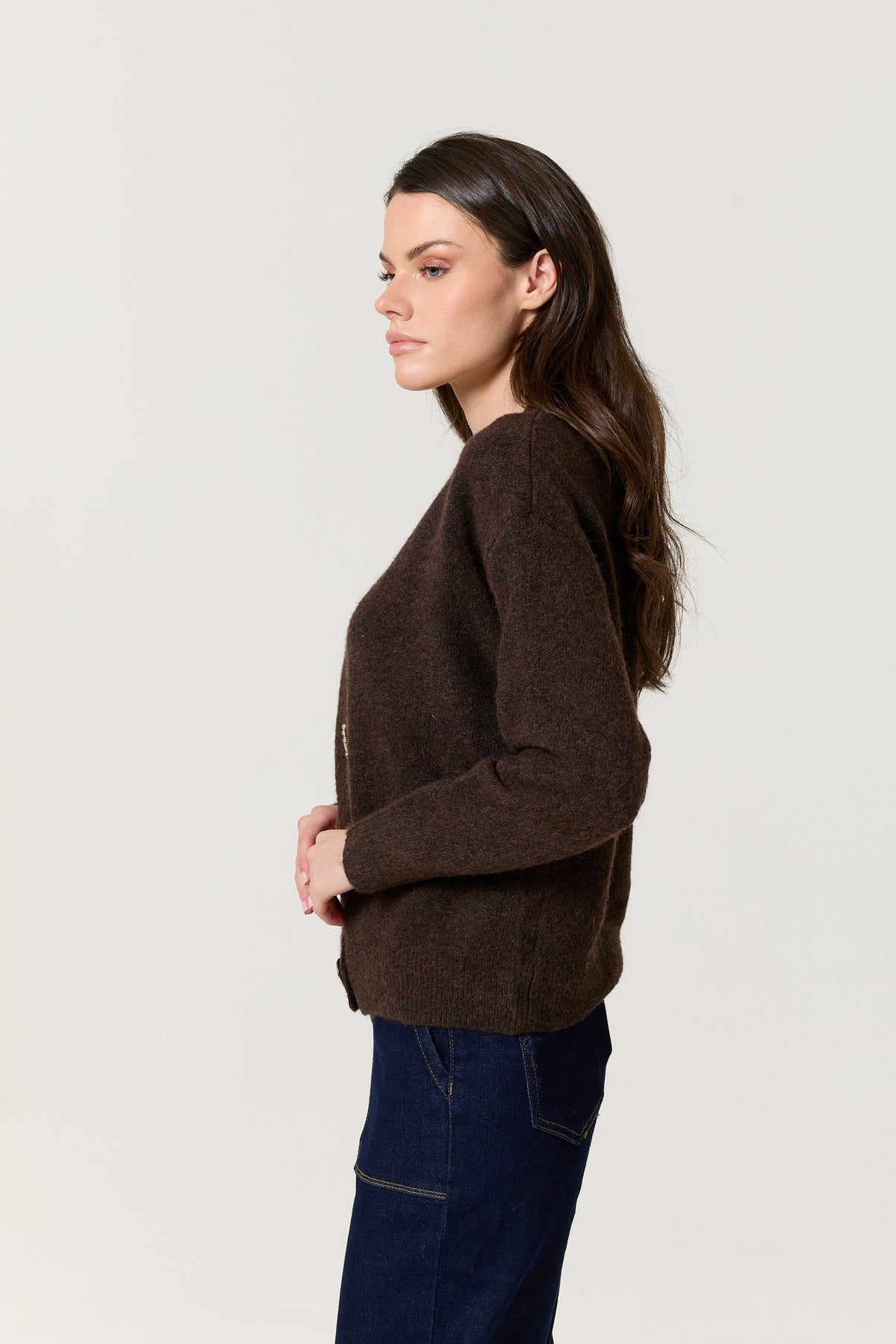 
                  
                    Brown Jewel Button Wool Blend Cardigan
                  
                