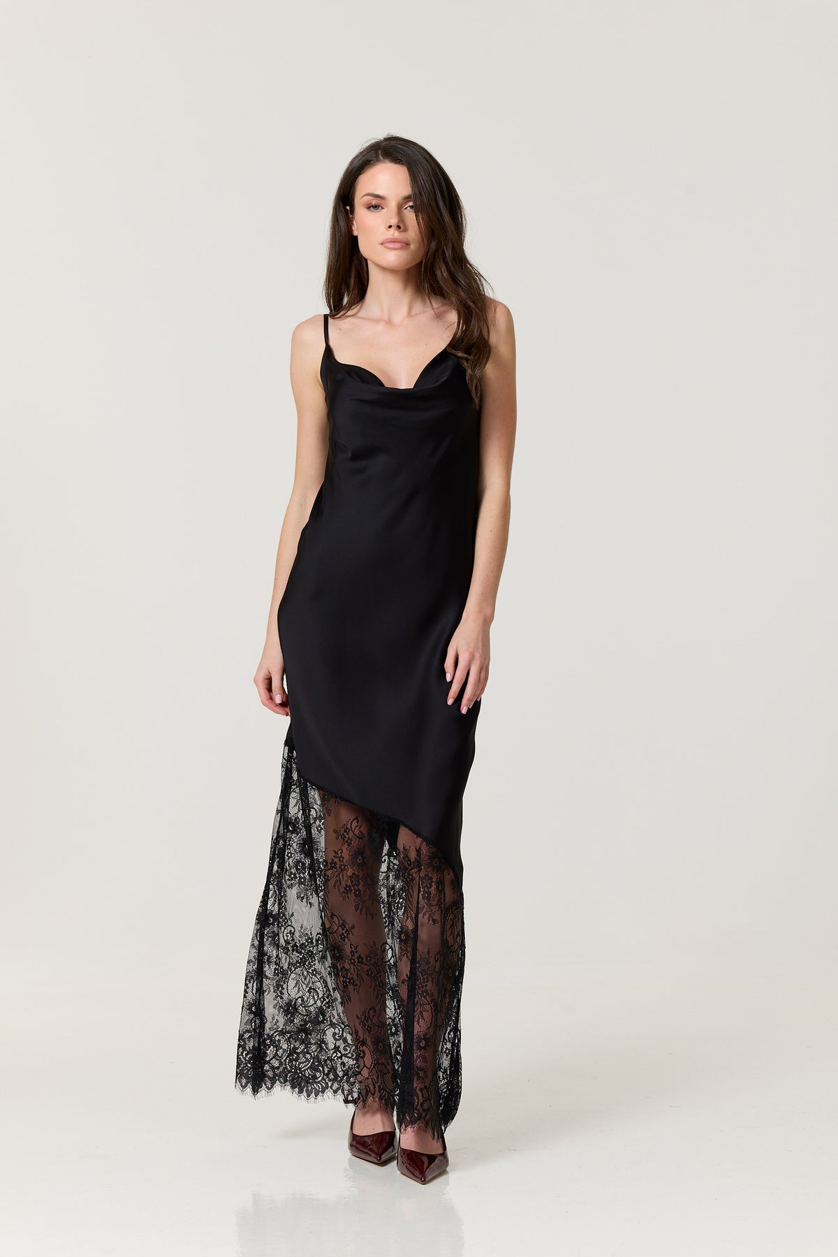 
                  
                    Black Satin Lace Hem Maxi Dress
                  
                