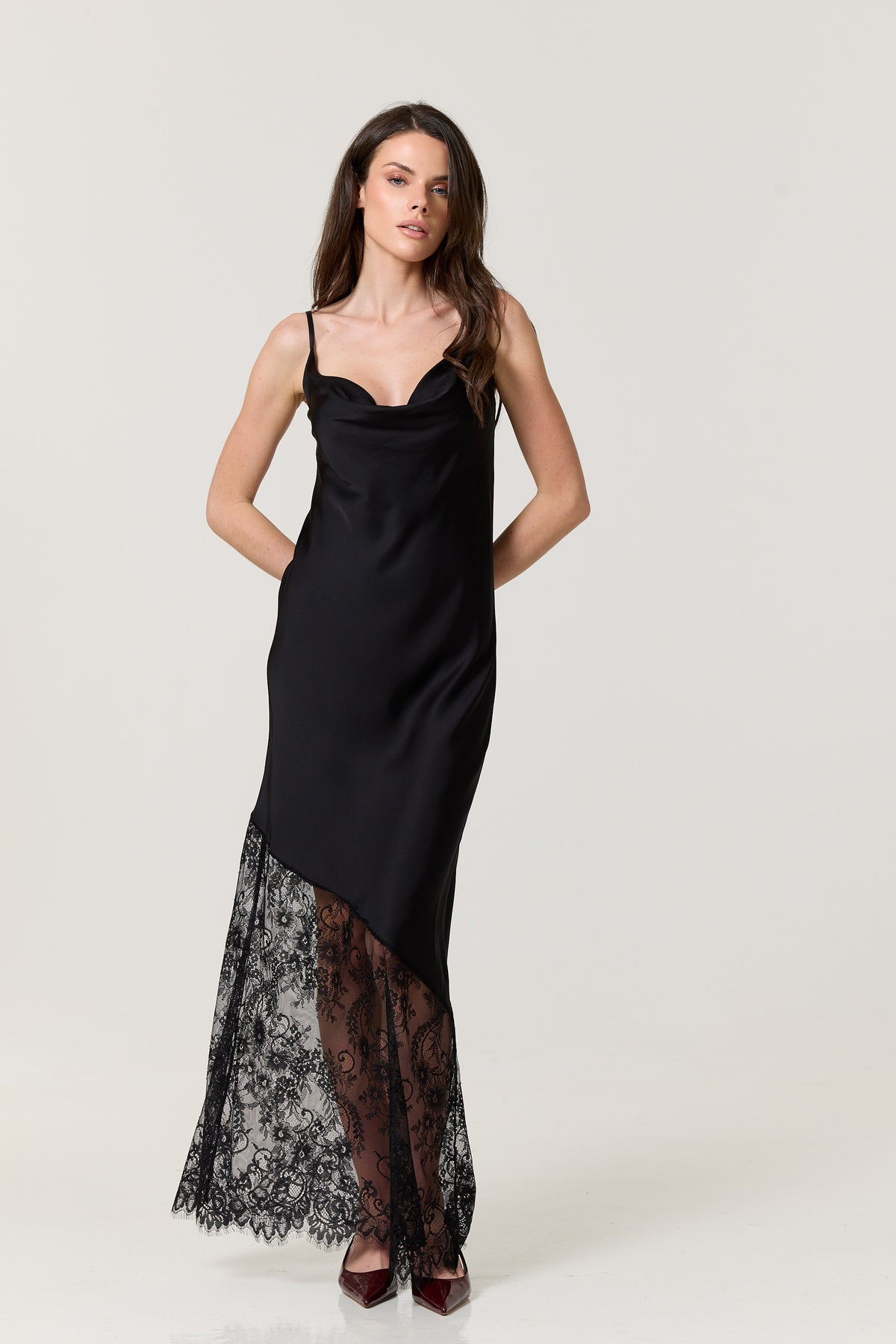 
                  
                    Black Satin Lace Hem Maxi Dress
                  
                