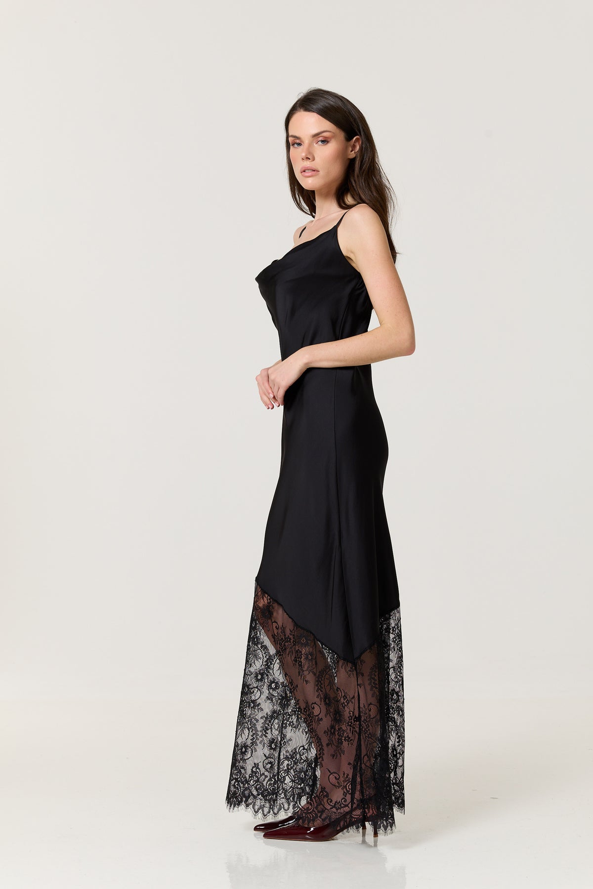 
                  
                    Black Satin Lace Hem Maxi Dress
                  
                