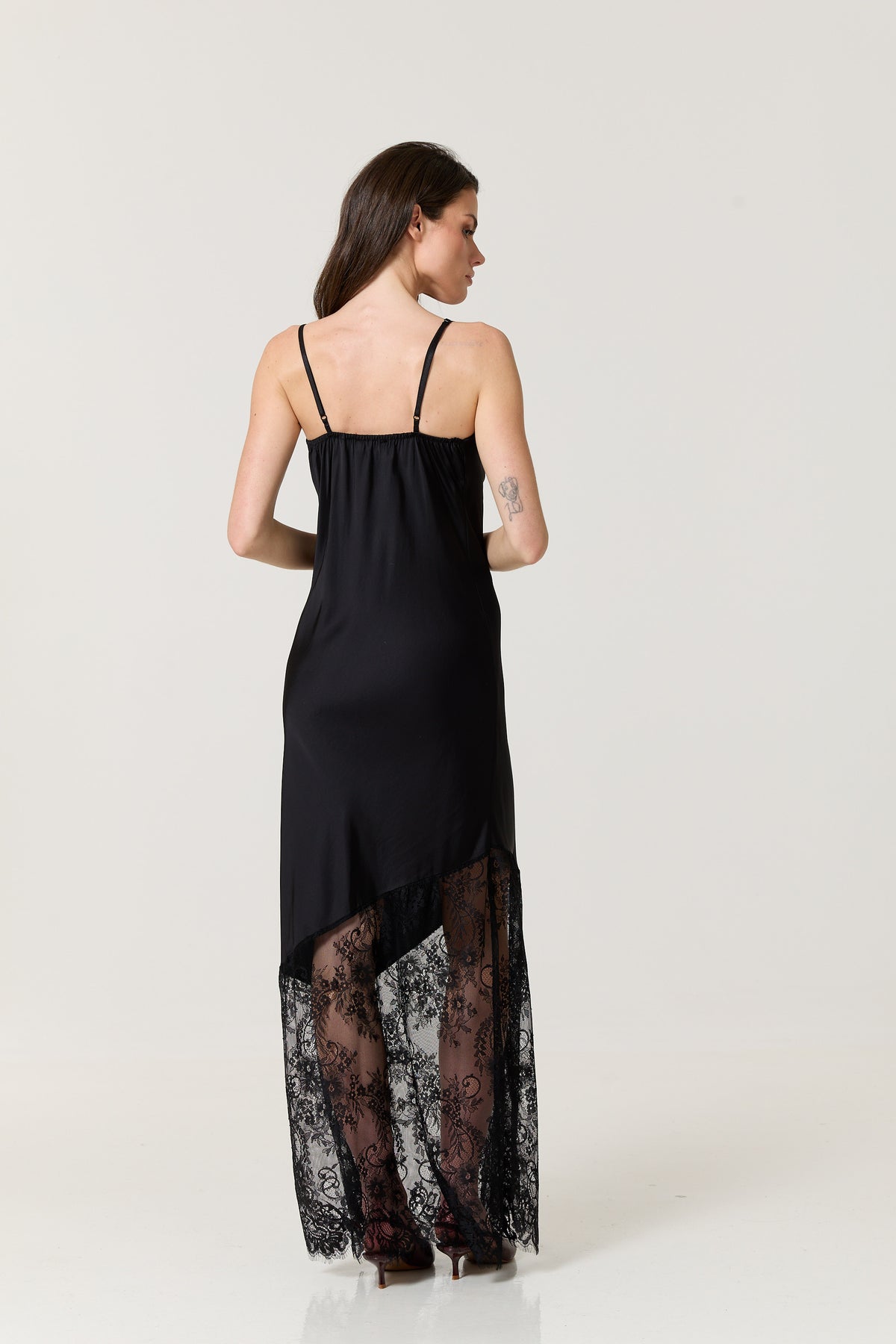 
                  
                    Black Satin Lace Hem Maxi Dress
                  
                