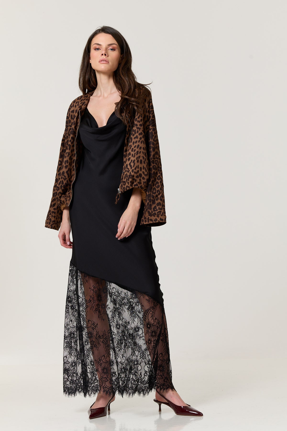 
                  
                    Black Satin Lace Hem Maxi Dress
                  
                