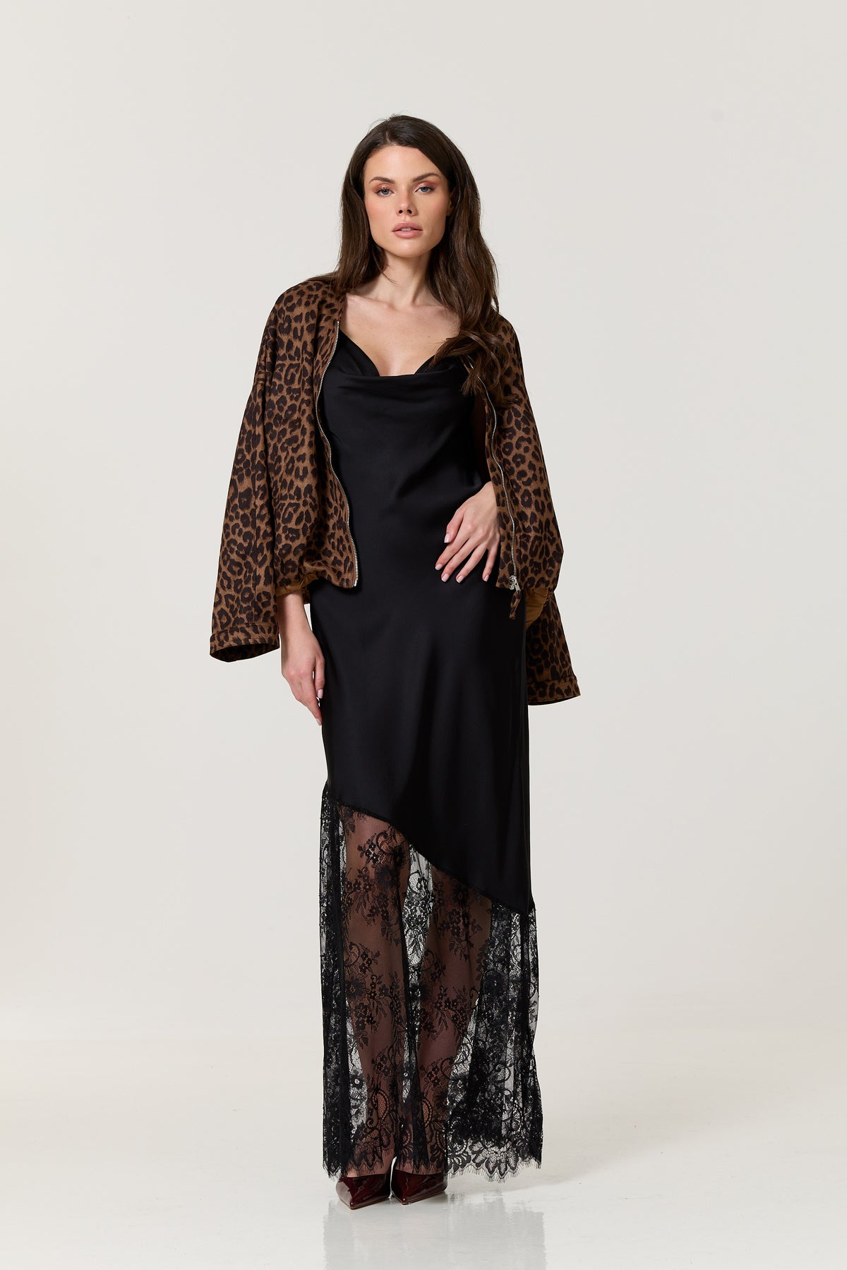 
                  
                    Black Satin Lace Hem Maxi Dress
                  
                