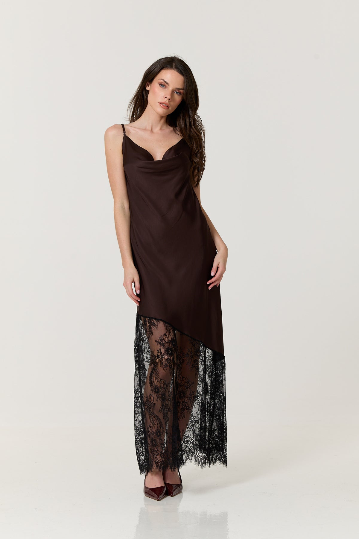 
                  
                    Brown Satin Lace Hem Maxi Dress
                  
                