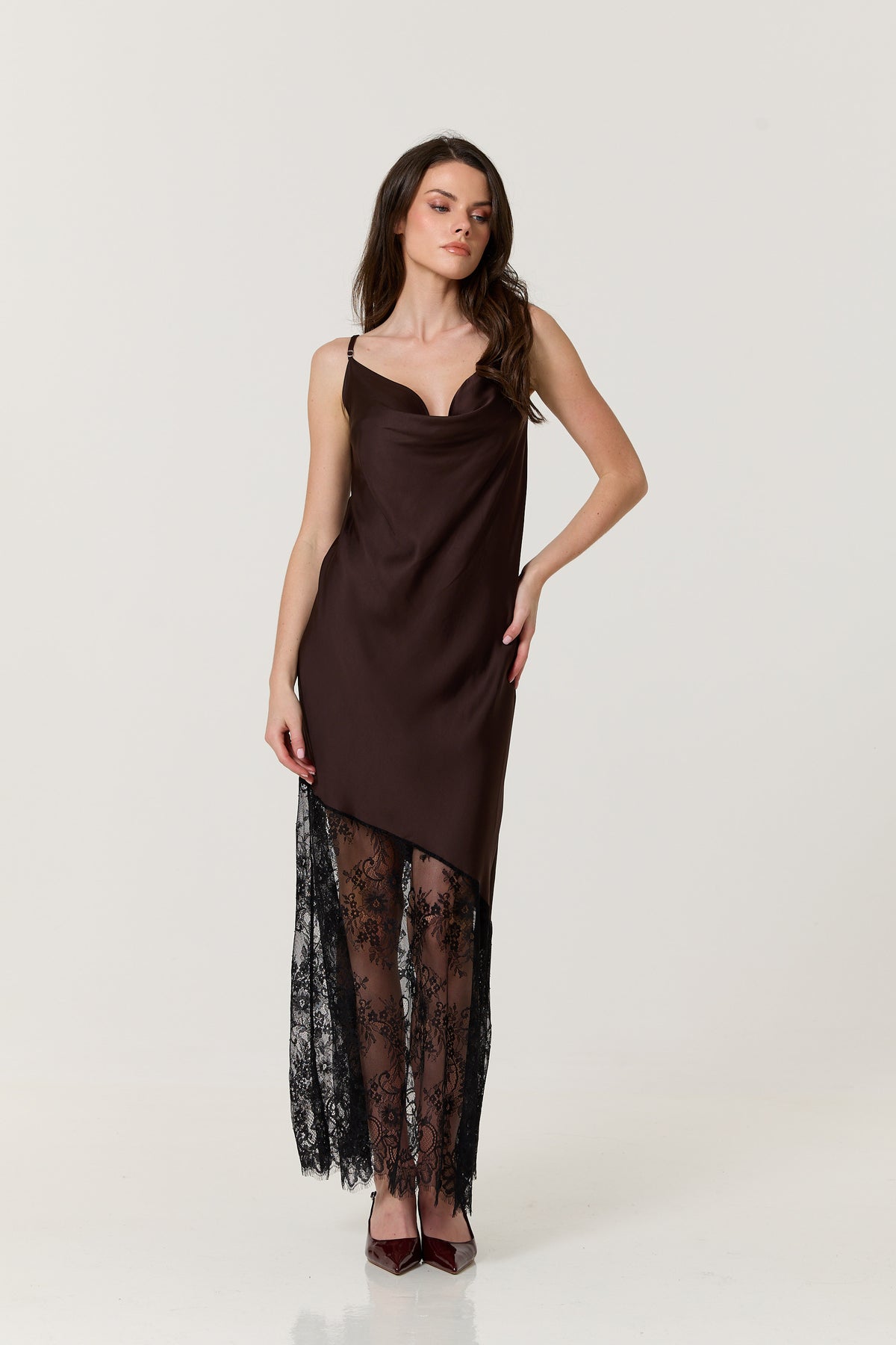 
                  
                    Brown Satin Lace Hem Maxi Dress
                  
                