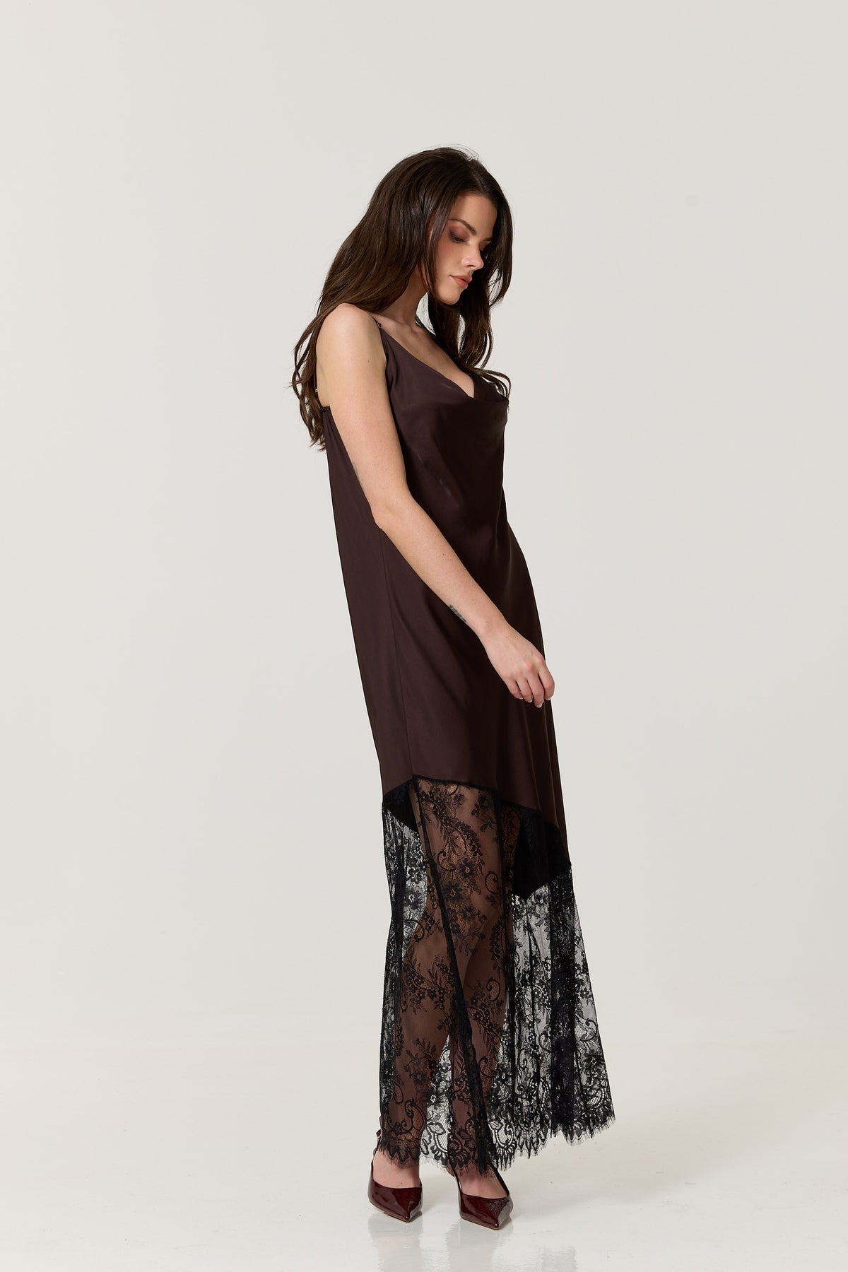 
                  
                    Brown Satin Lace Hem Maxi Dress
                  
                