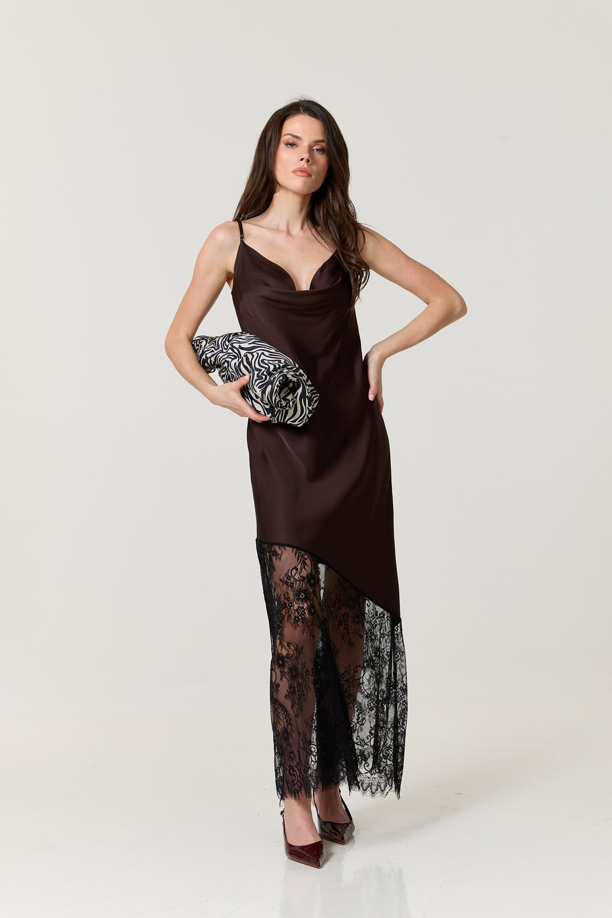 
                  
                    Brown Satin Lace Hem Maxi Dress
                  
                