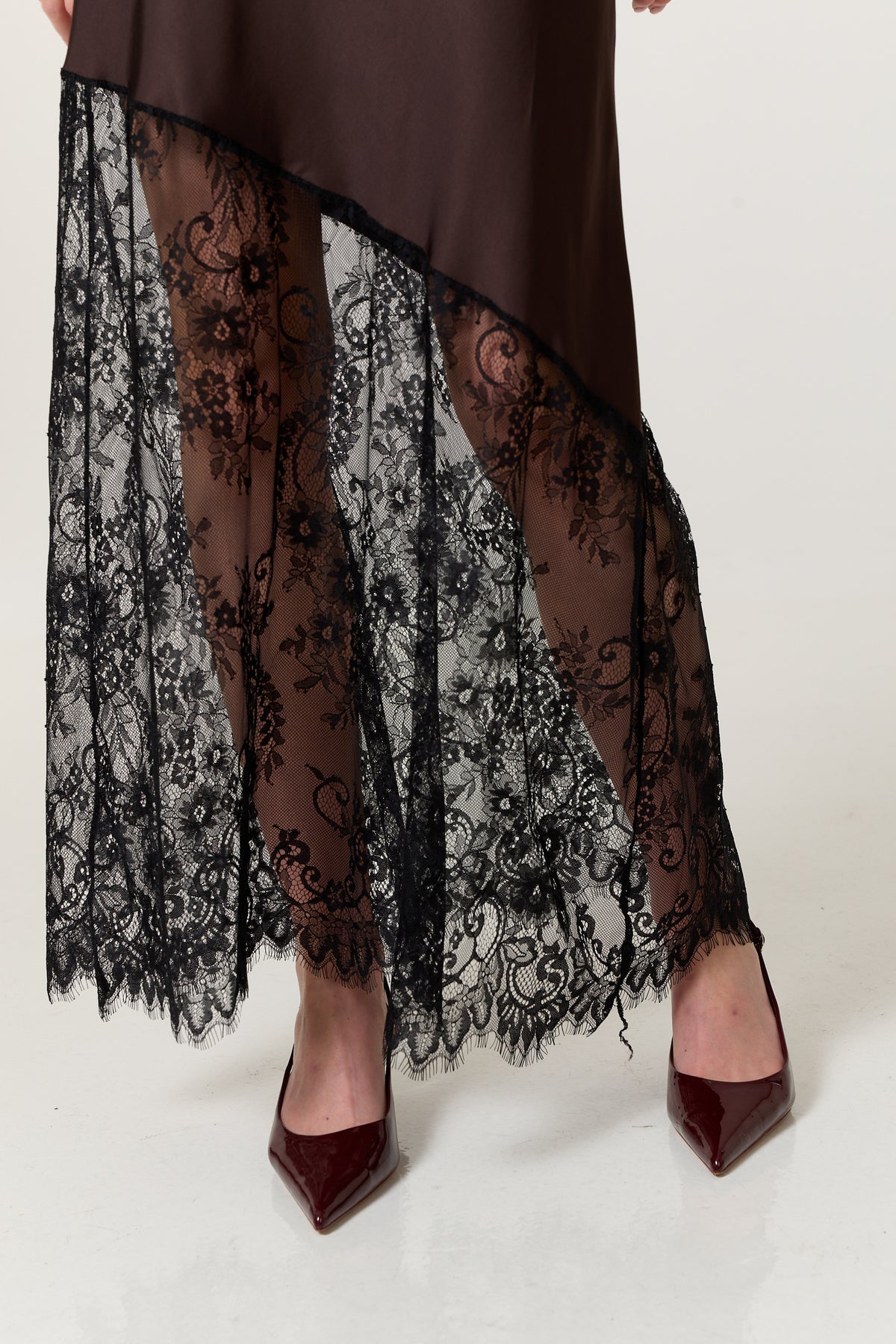 
                  
                    Brown Satin Lace Hem Maxi Dress
                  
                