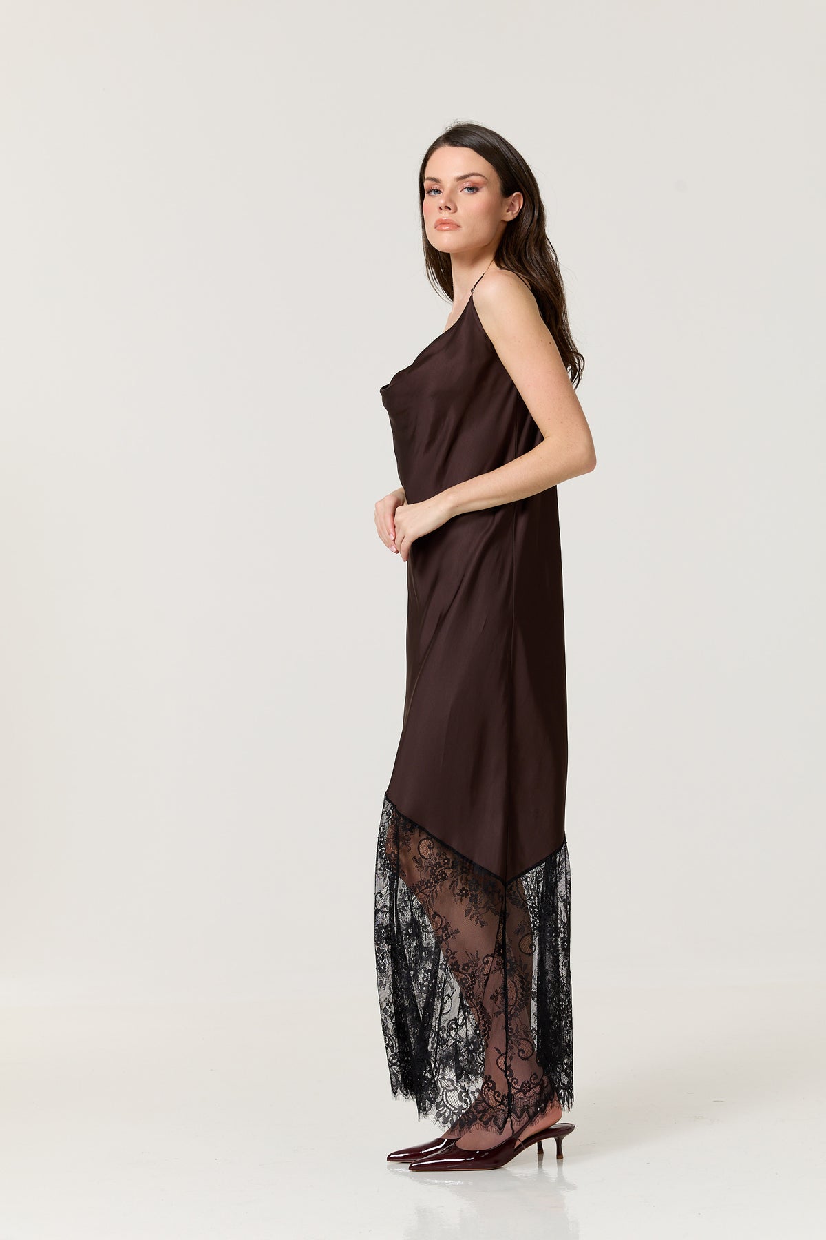 
                  
                    Brown Satin Lace Hem Maxi Dress
                  
                