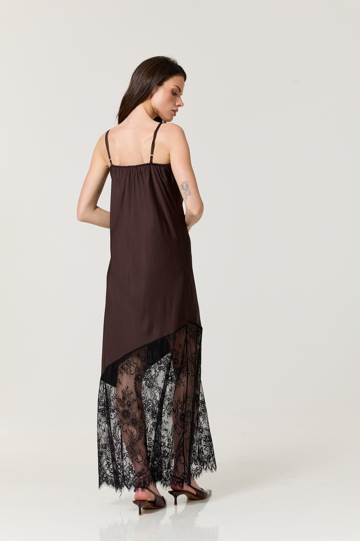 
                  
                    Brown Satin Lace Hem Maxi Dress
                  
                