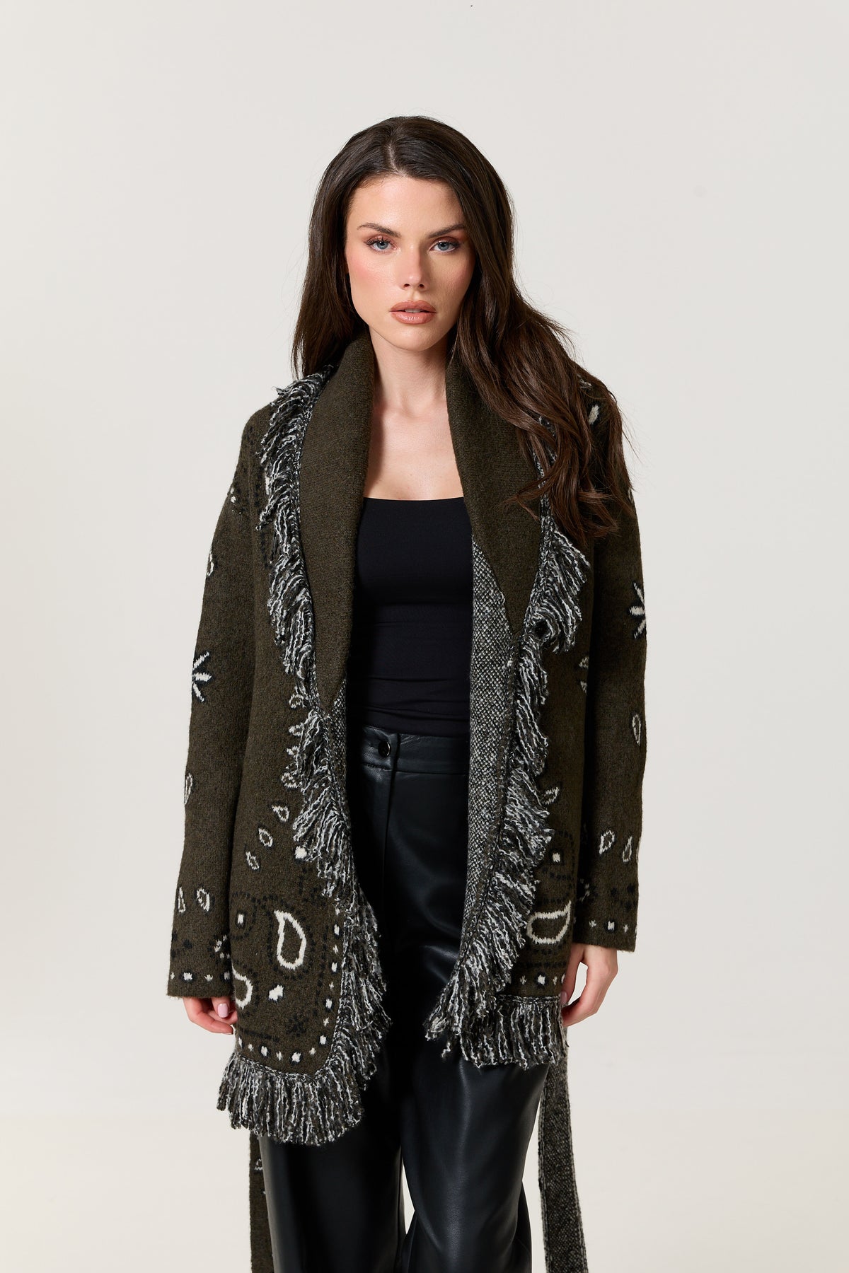 
                  
                    Khaki Paisley Fringe Wool Blend Cardigan
                  
                