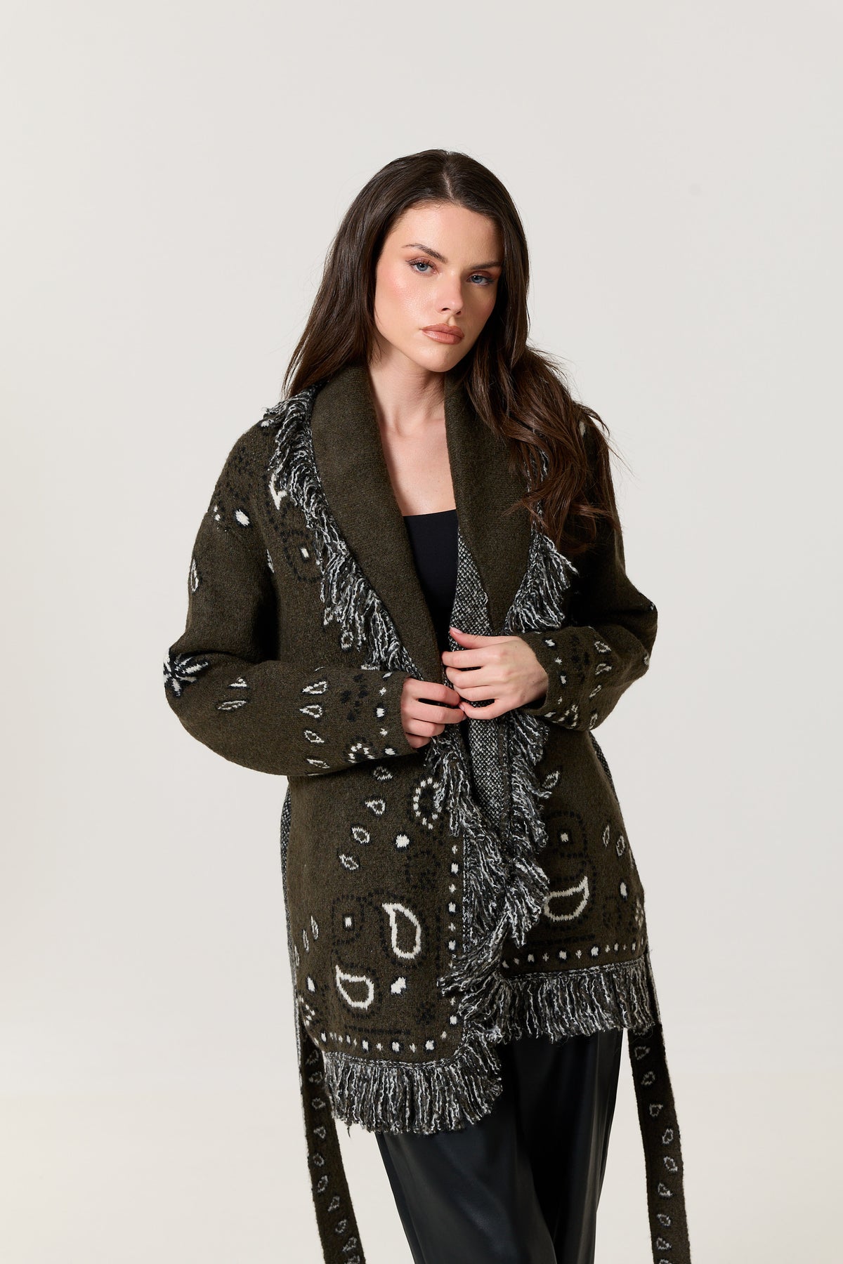 
                  
                    Khaki Paisley Fringe Wool Blend Cardigan
                  
                