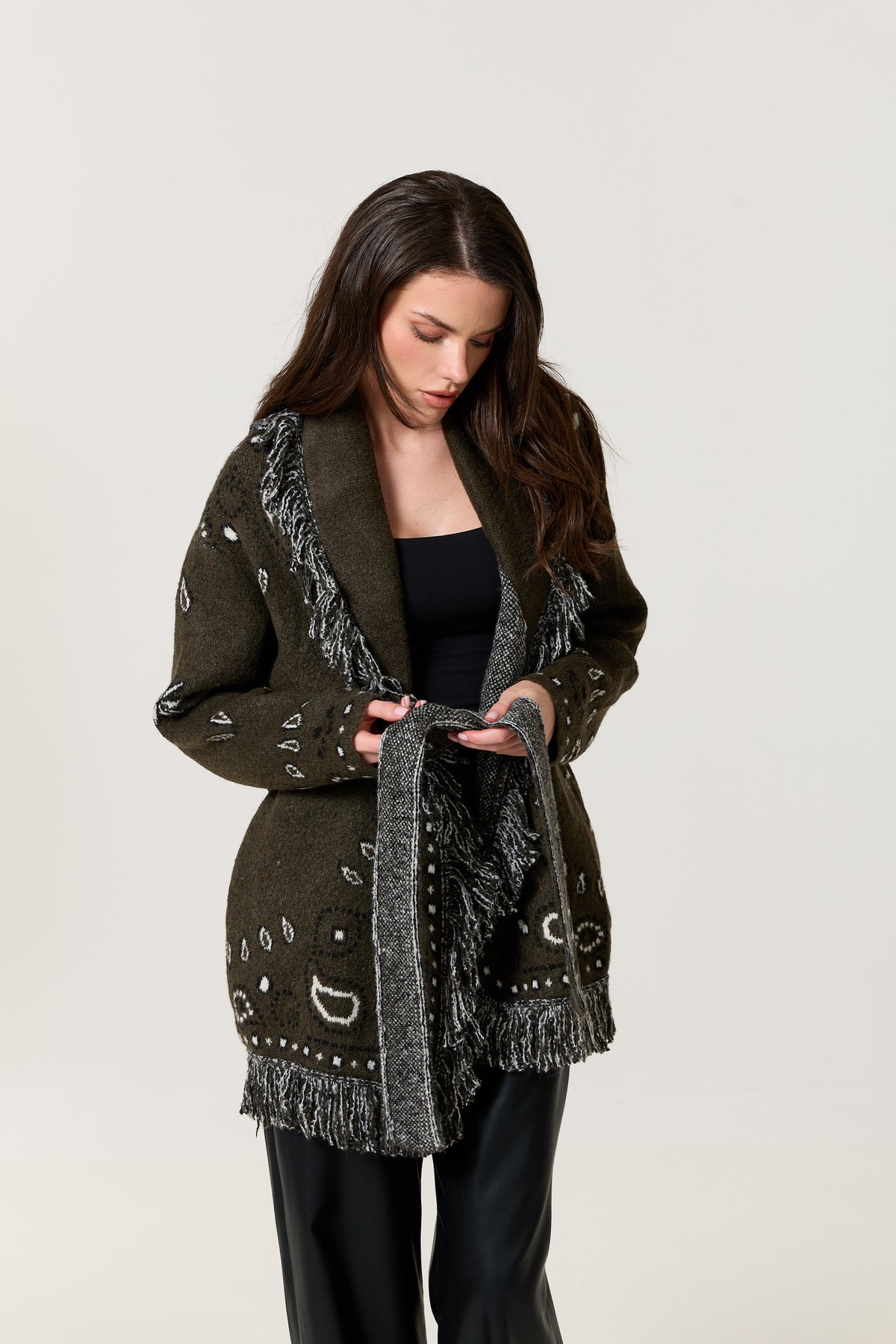 
                  
                    Khaki Paisley Fringe Wool Blend Cardigan
                  
                