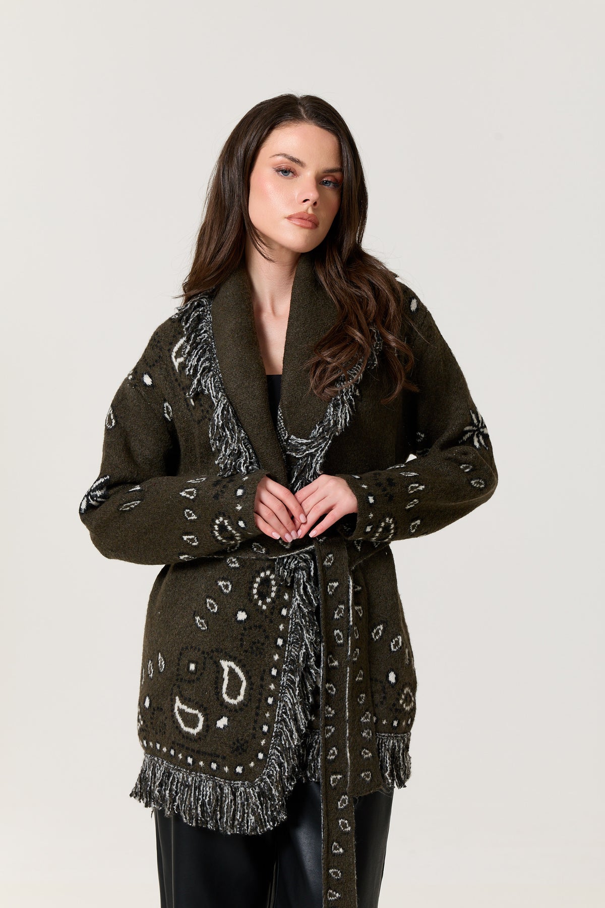 
                  
                    Khaki Paisley Fringe Wool Blend Cardigan
                  
                