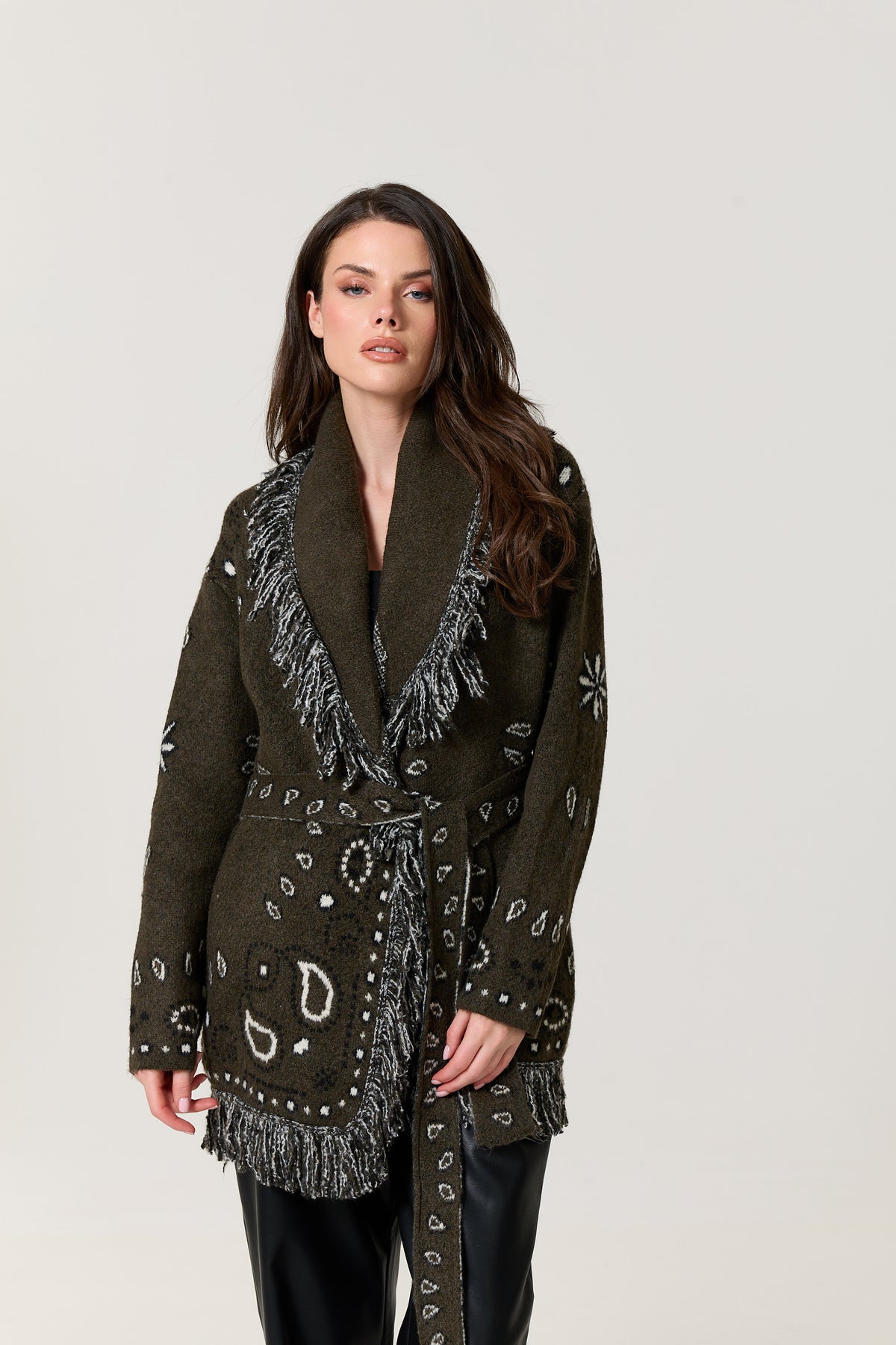 
                  
                    Khaki Paisley Fringe Wool Blend Cardigan
                  
                