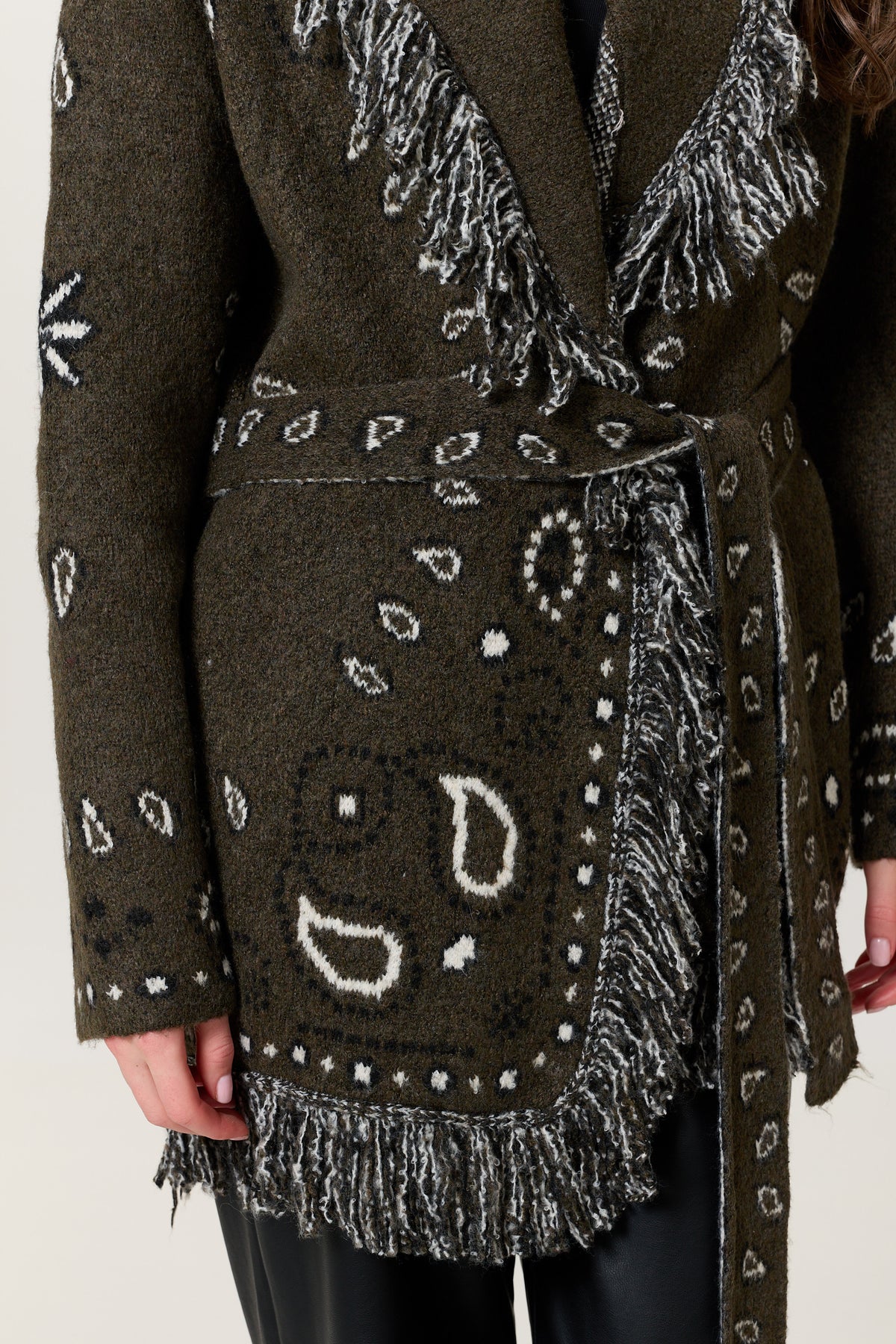 
                  
                    Khaki Paisley Fringe Wool Blend Cardigan
                  
                