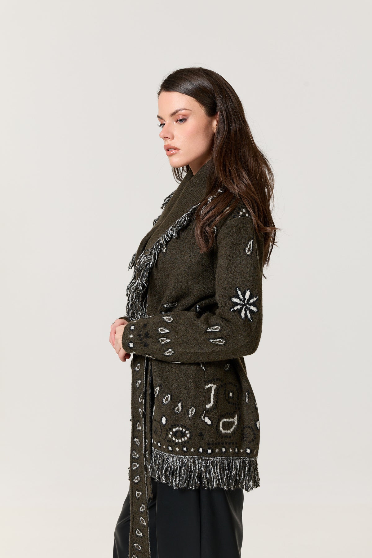 
                  
                    Khaki Paisley Fringe Wool Blend Cardigan
                  
                