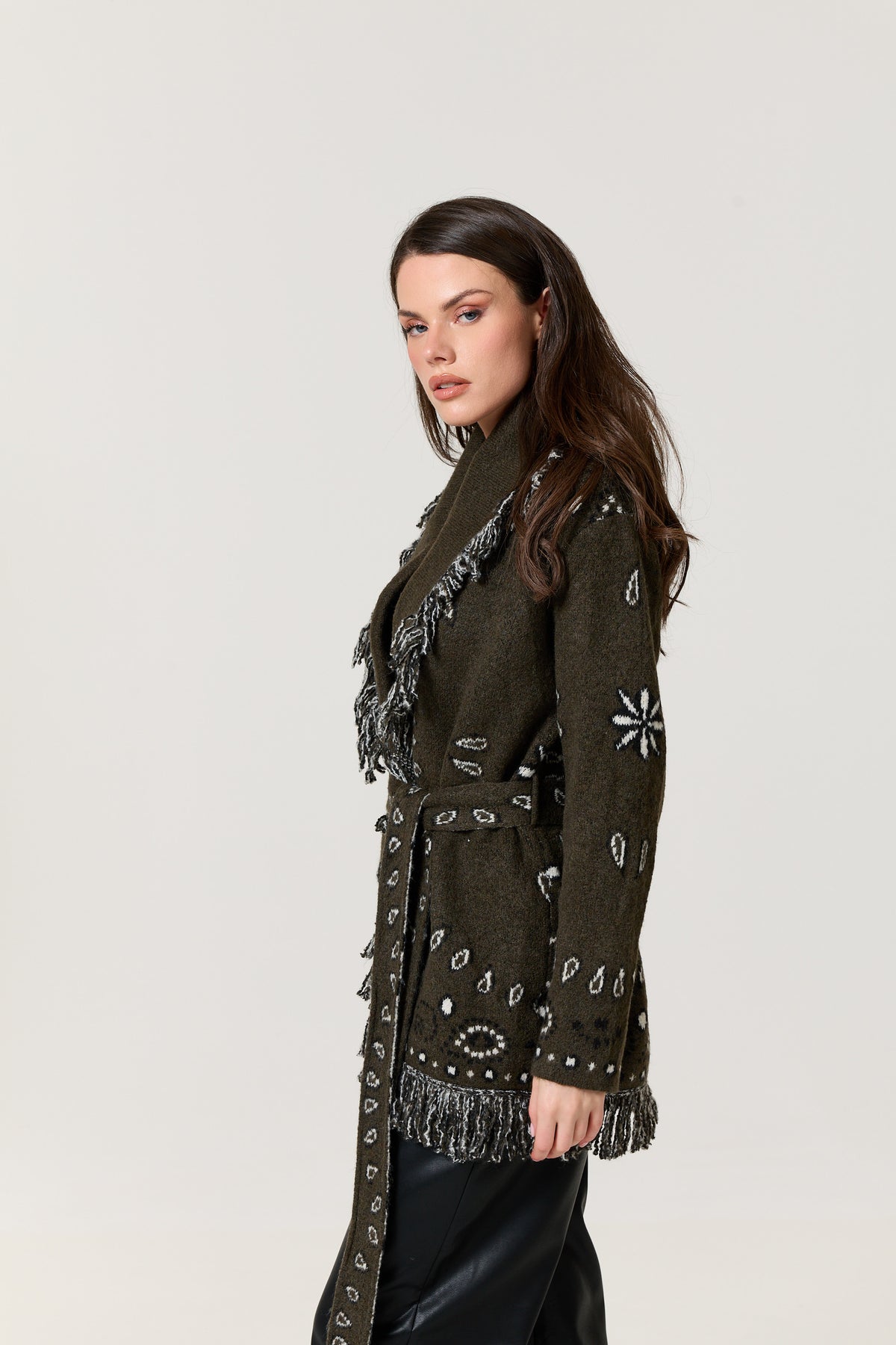 
                  
                    Khaki Paisley Fringe Wool Blend Cardigan
                  
                
