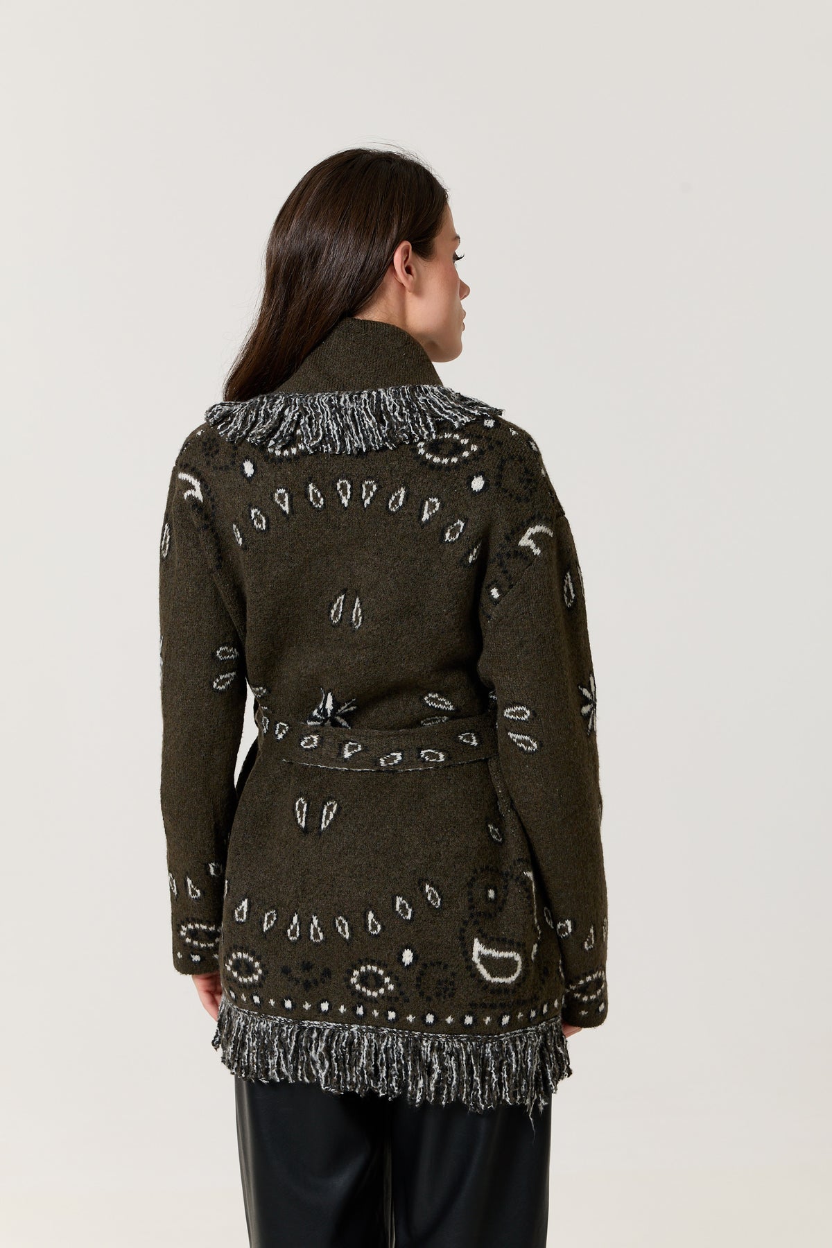
                  
                    Khaki Paisley Fringe Wool Blend Cardigan
                  
                