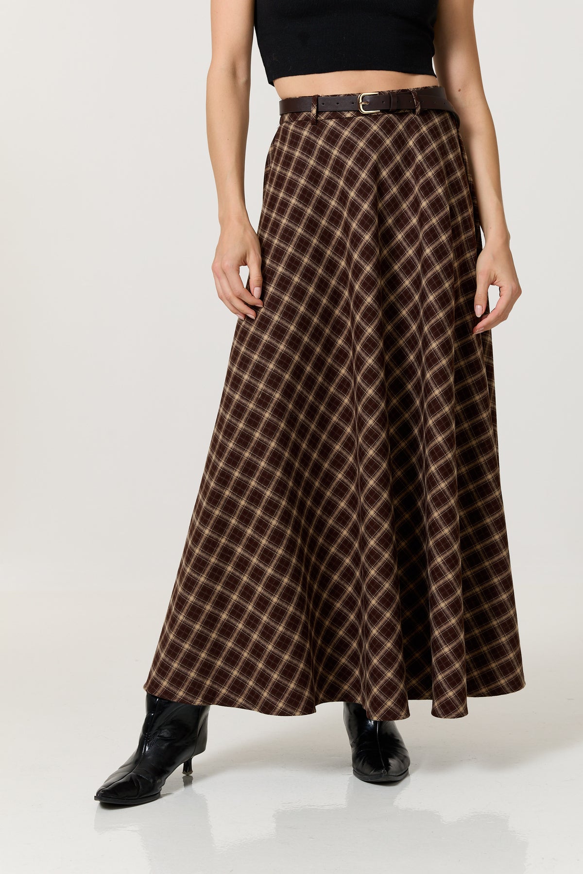 
                  
                    Brown Check Belted Maxi Skirt
                  
                