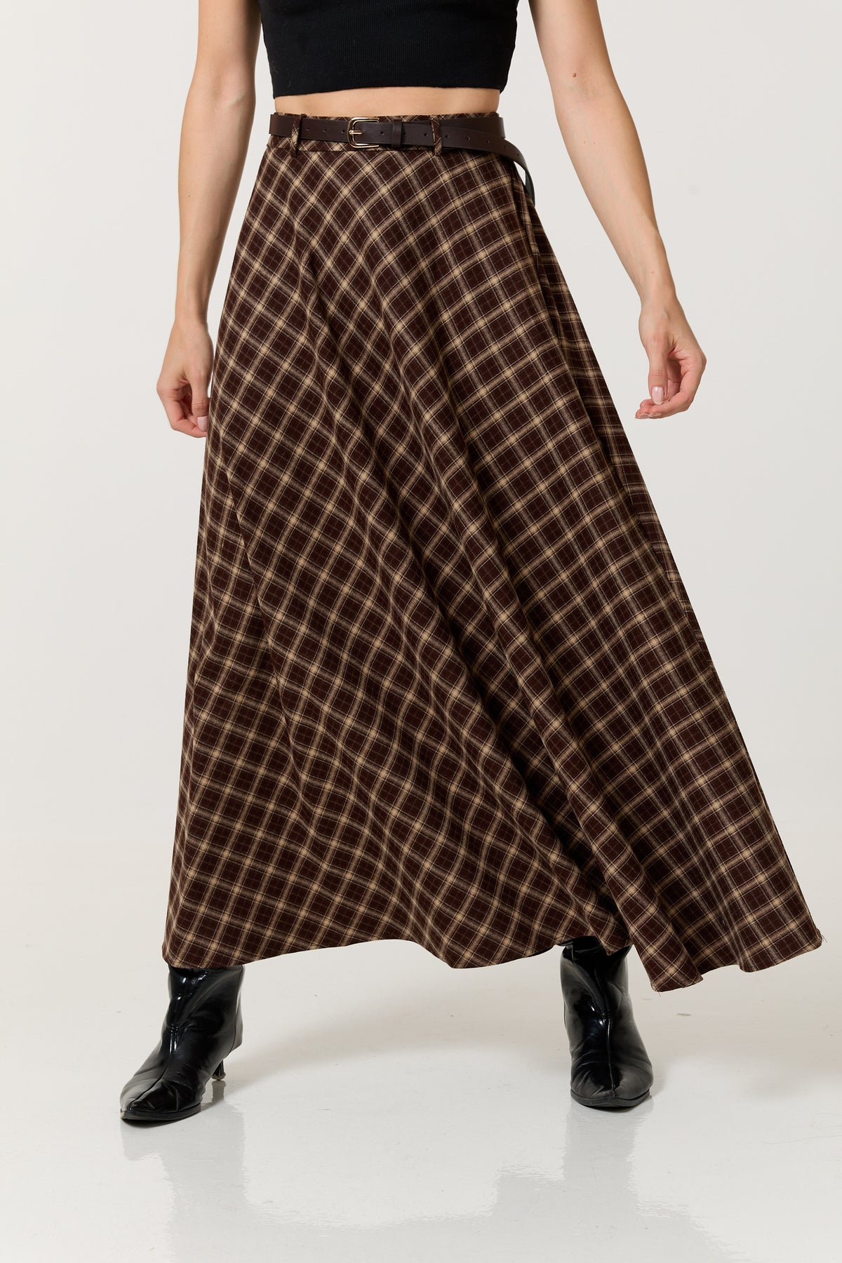 
                  
                    Brown Check Belted Maxi Skirt
                  
                