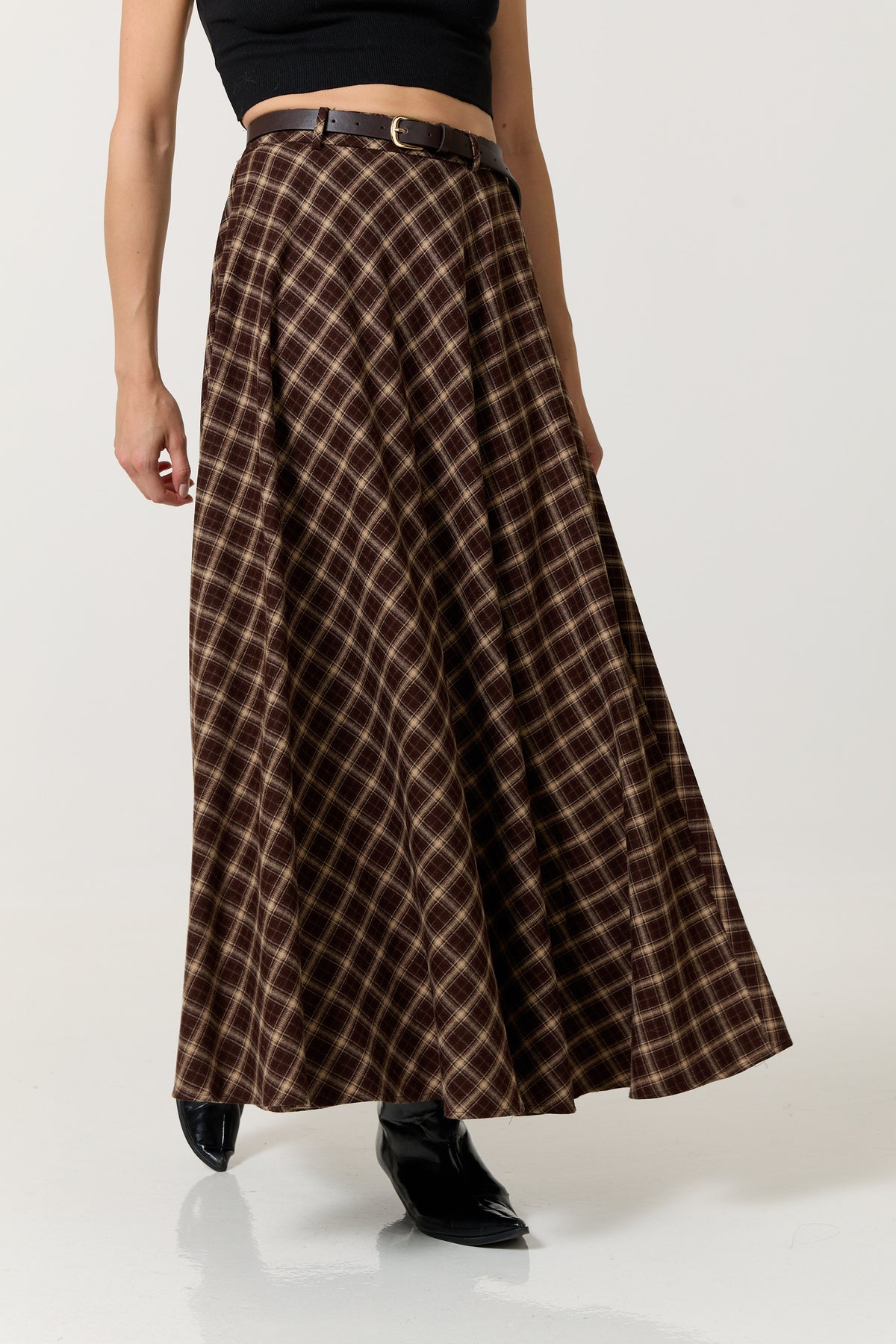 
                  
                    Brown Check Belted Maxi Skirt
                  
                