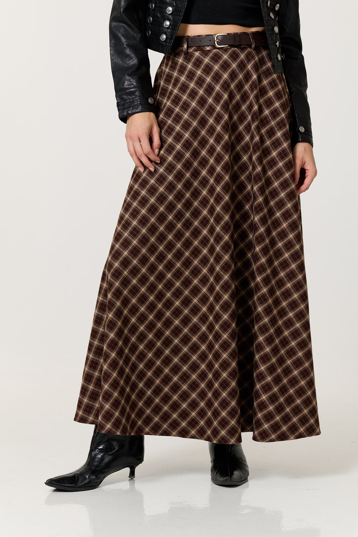 
                  
                    Brown Check Belted Maxi Skirt
                  
                