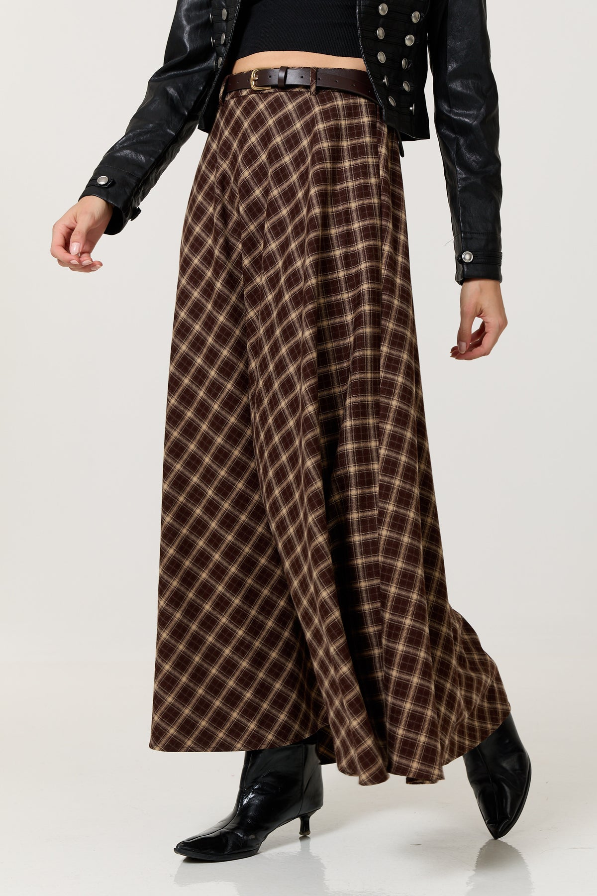 
                  
                    Brown Check Belted Maxi Skirt
                  
                