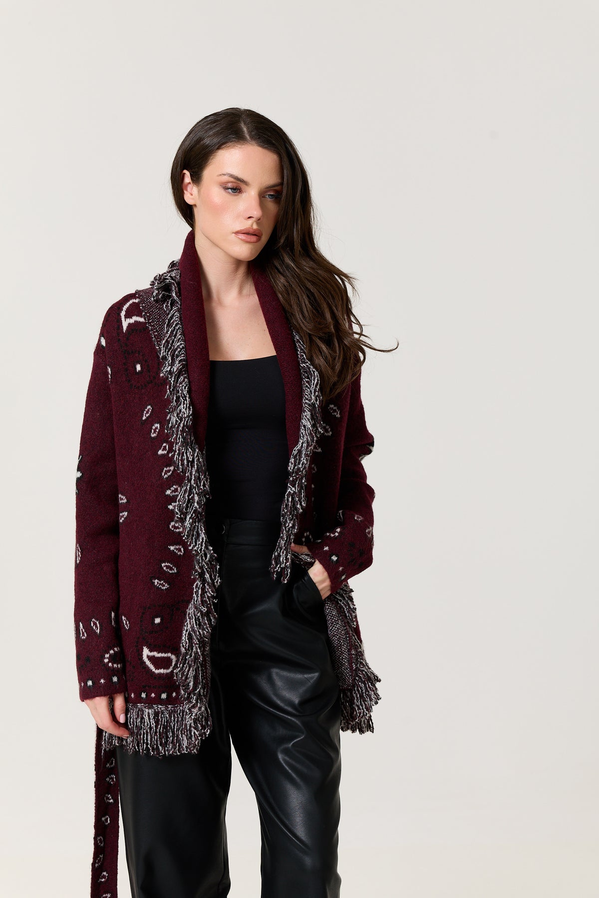 
                  
                    Burgundy Paisley Fringe Wool Blend Cardigan
                  
                
