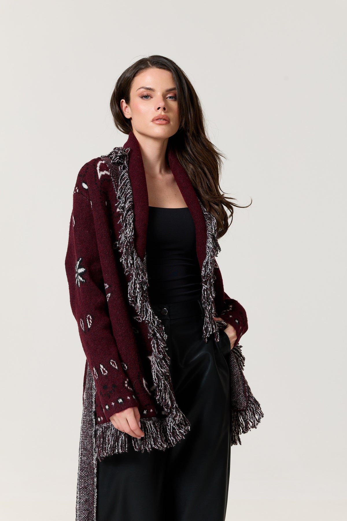 
                  
                    Burgundy Paisley Fringe Wool Blend Cardigan
                  
                