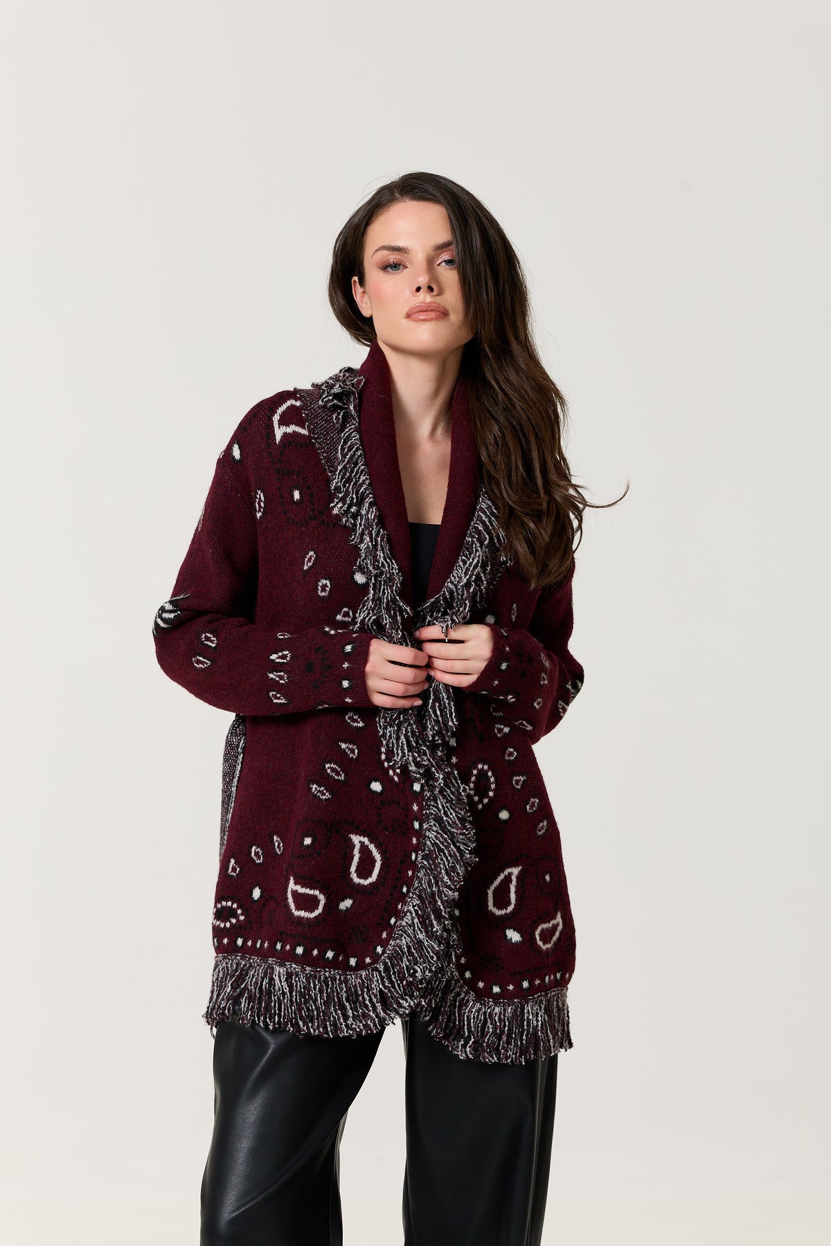 
                  
                    Burgundy Paisley Fringe Wool Blend Cardigan
                  
                
