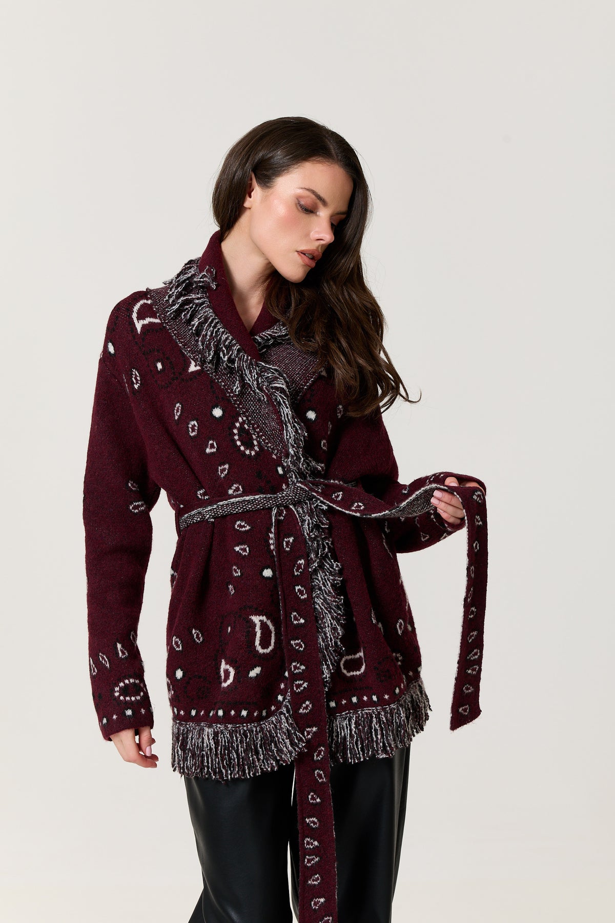 
                  
                    Burgundy Paisley Fringe Wool Blend Cardigan
                  
                