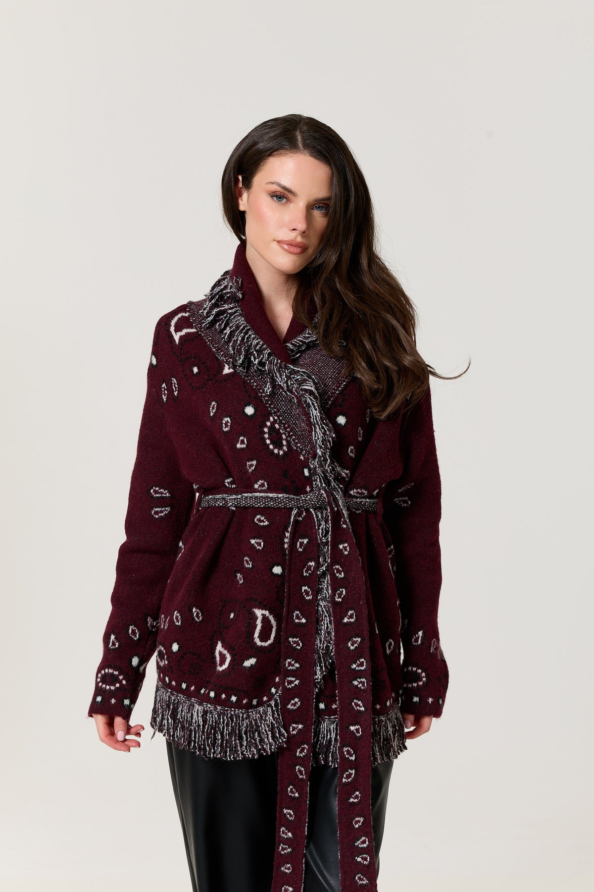 
                  
                    Burgundy Paisley Fringe Wool Blend Cardigan
                  
                