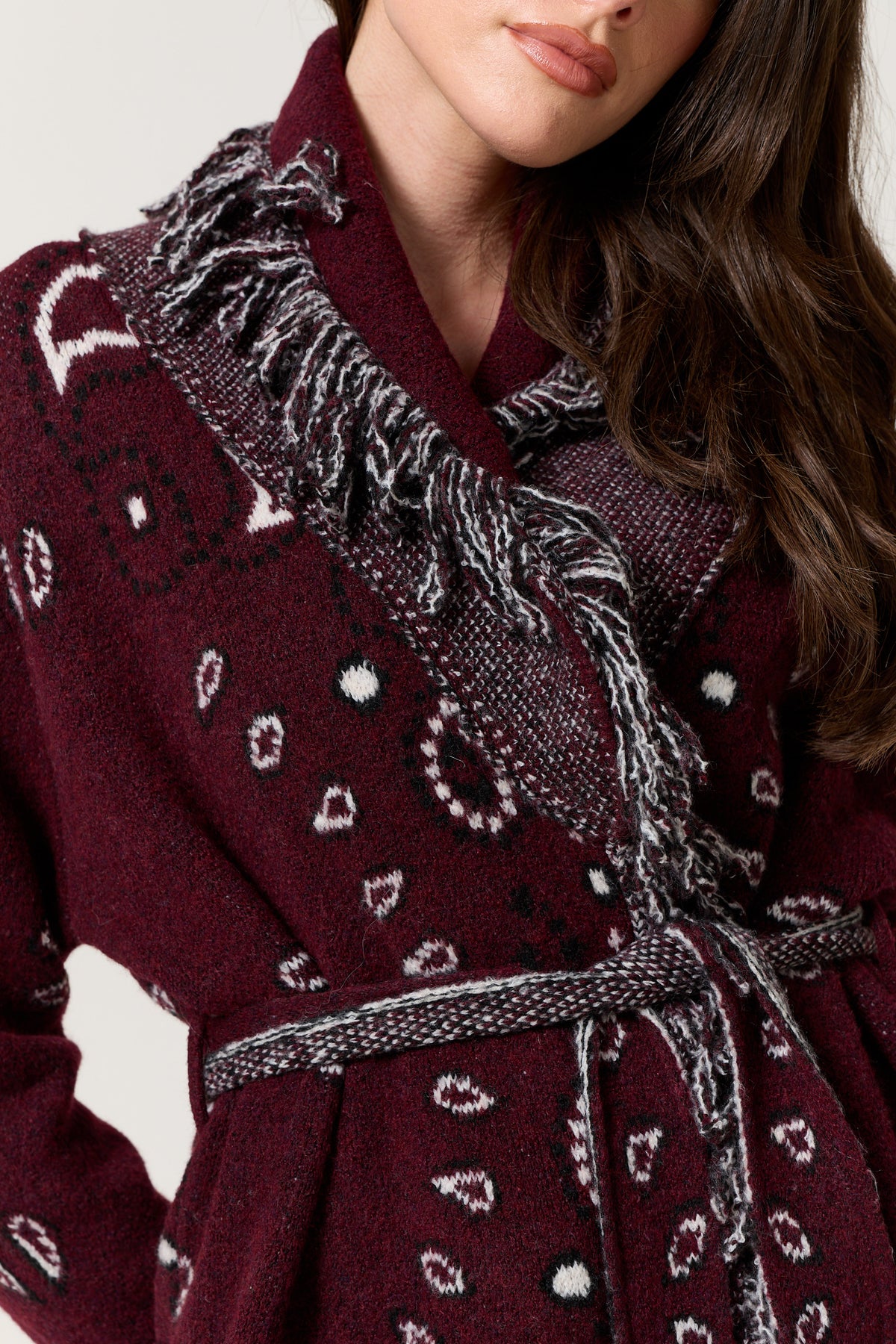 
                  
                    Burgundy Paisley Fringe Wool Blend Cardigan
                  
                