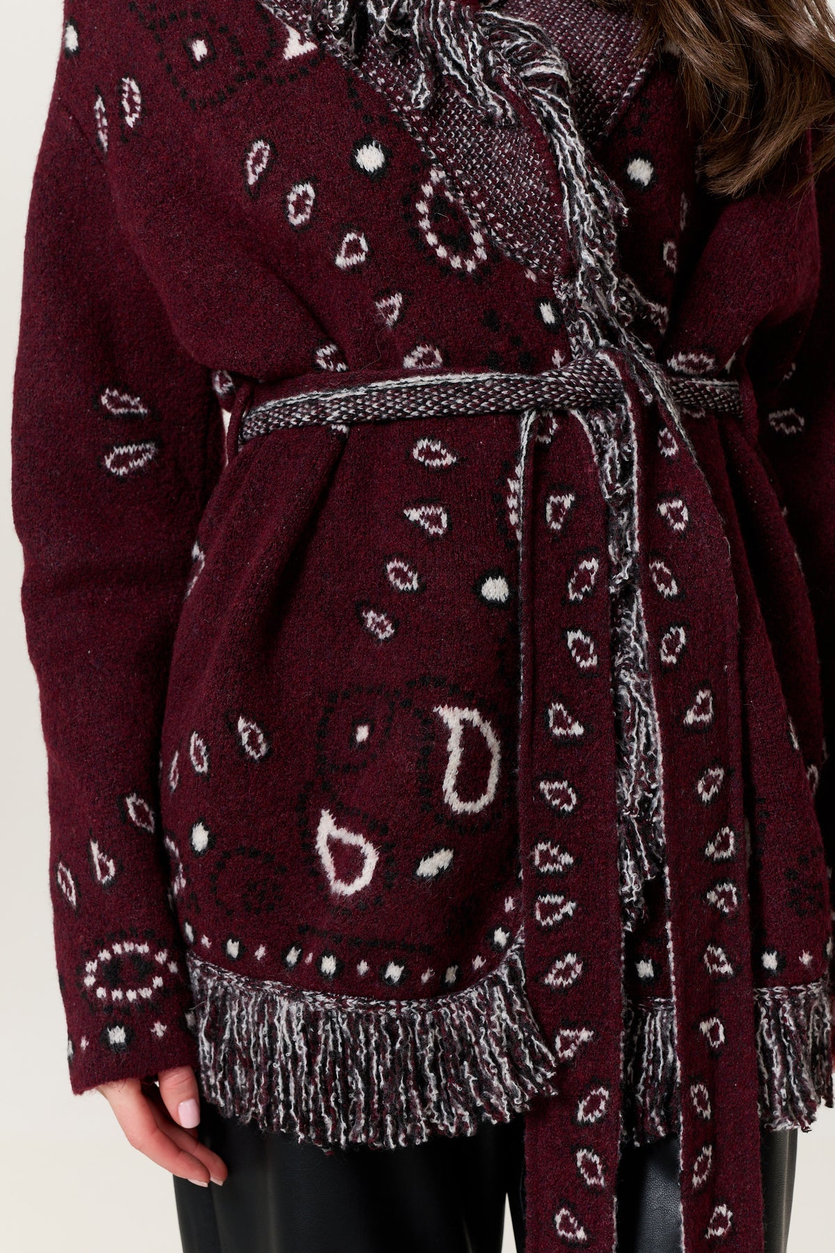 
                  
                    Burgundy Paisley Fringe Wool Blend Cardigan
                  
                