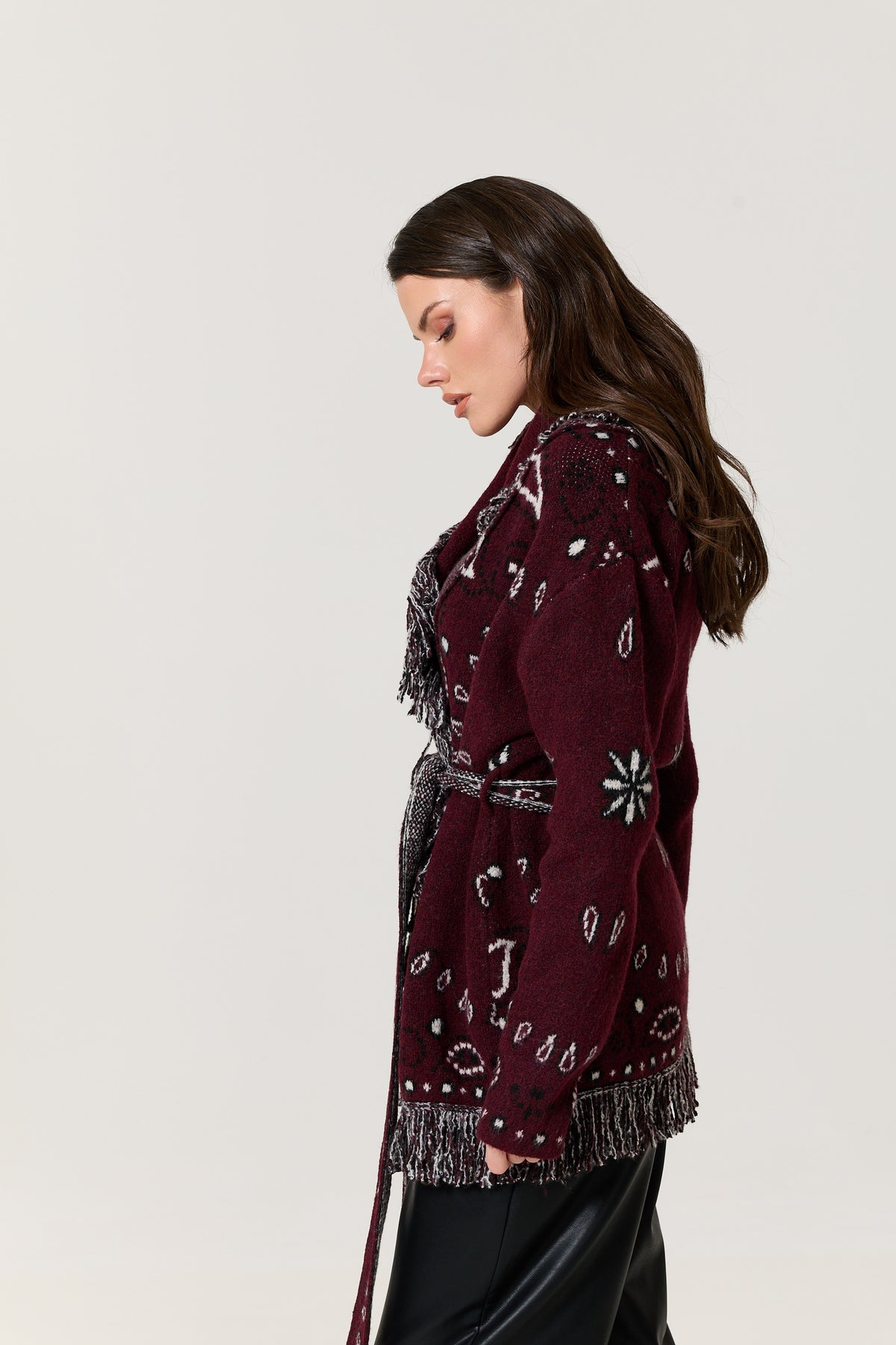 
                  
                    Burgundy Paisley Fringe Wool Blend Cardigan
                  
                