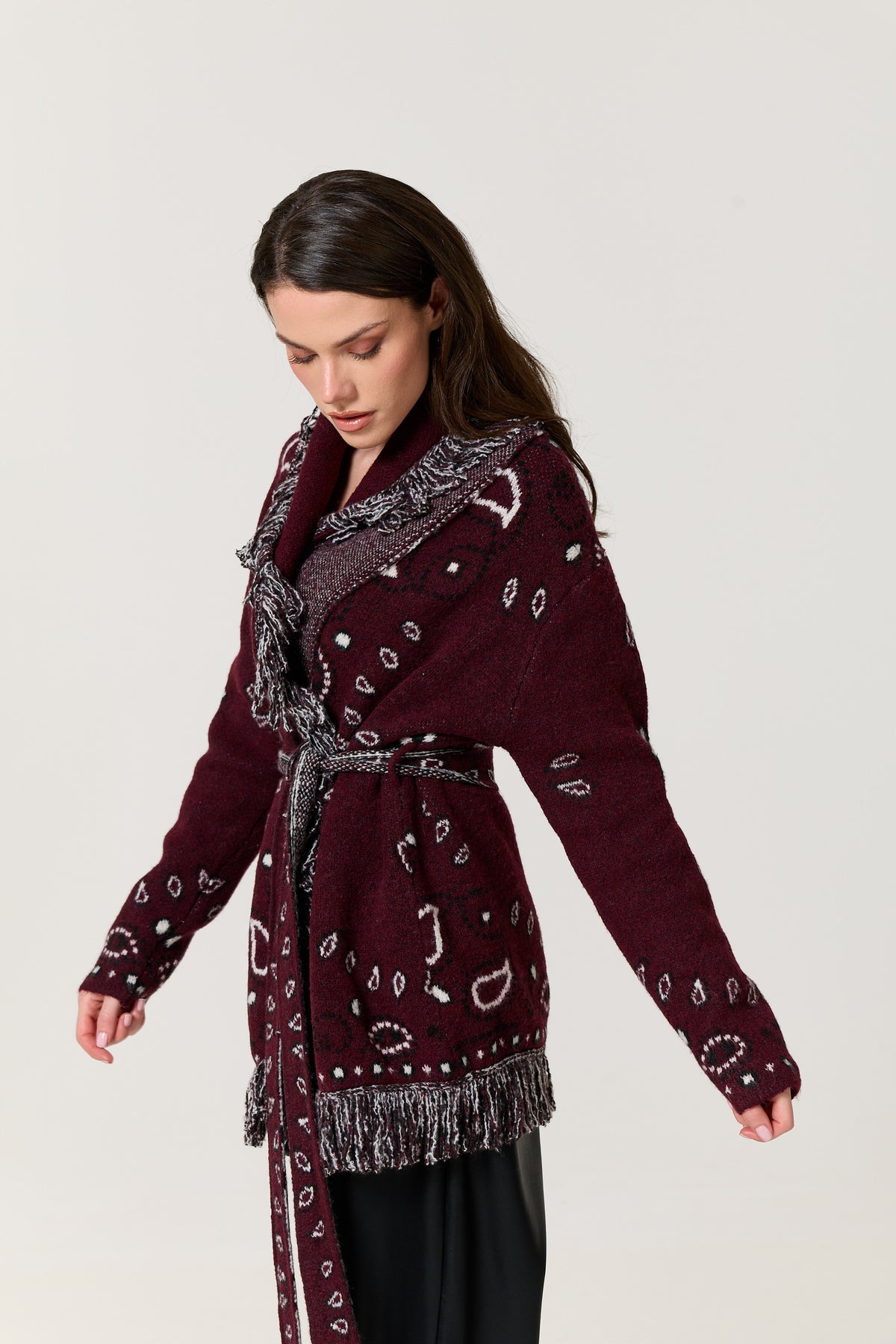 
                  
                    Burgundy Paisley Fringe Wool Blend Cardigan
                  
                