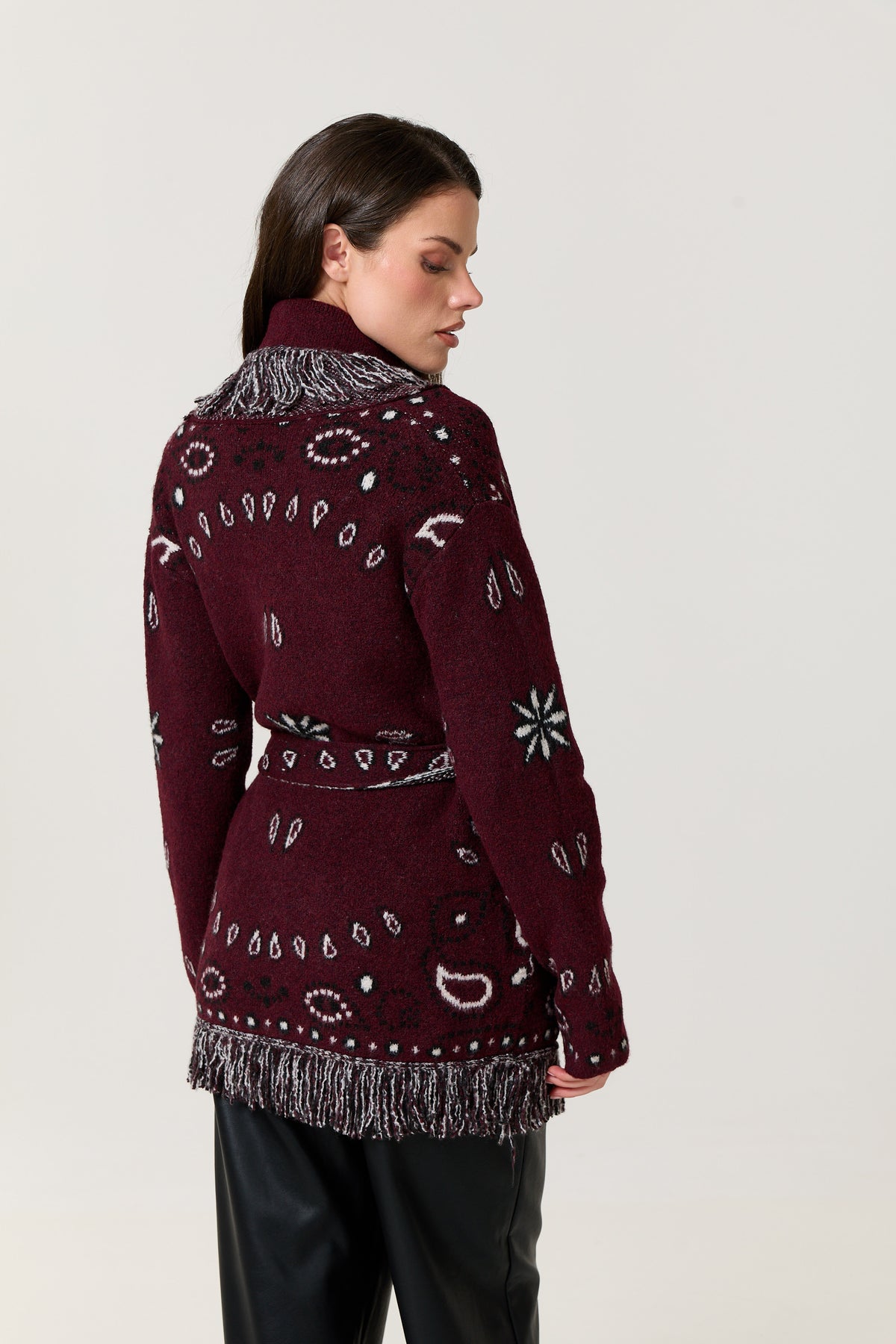 
                  
                    Burgundy Paisley Fringe Wool Blend Cardigan
                  
                