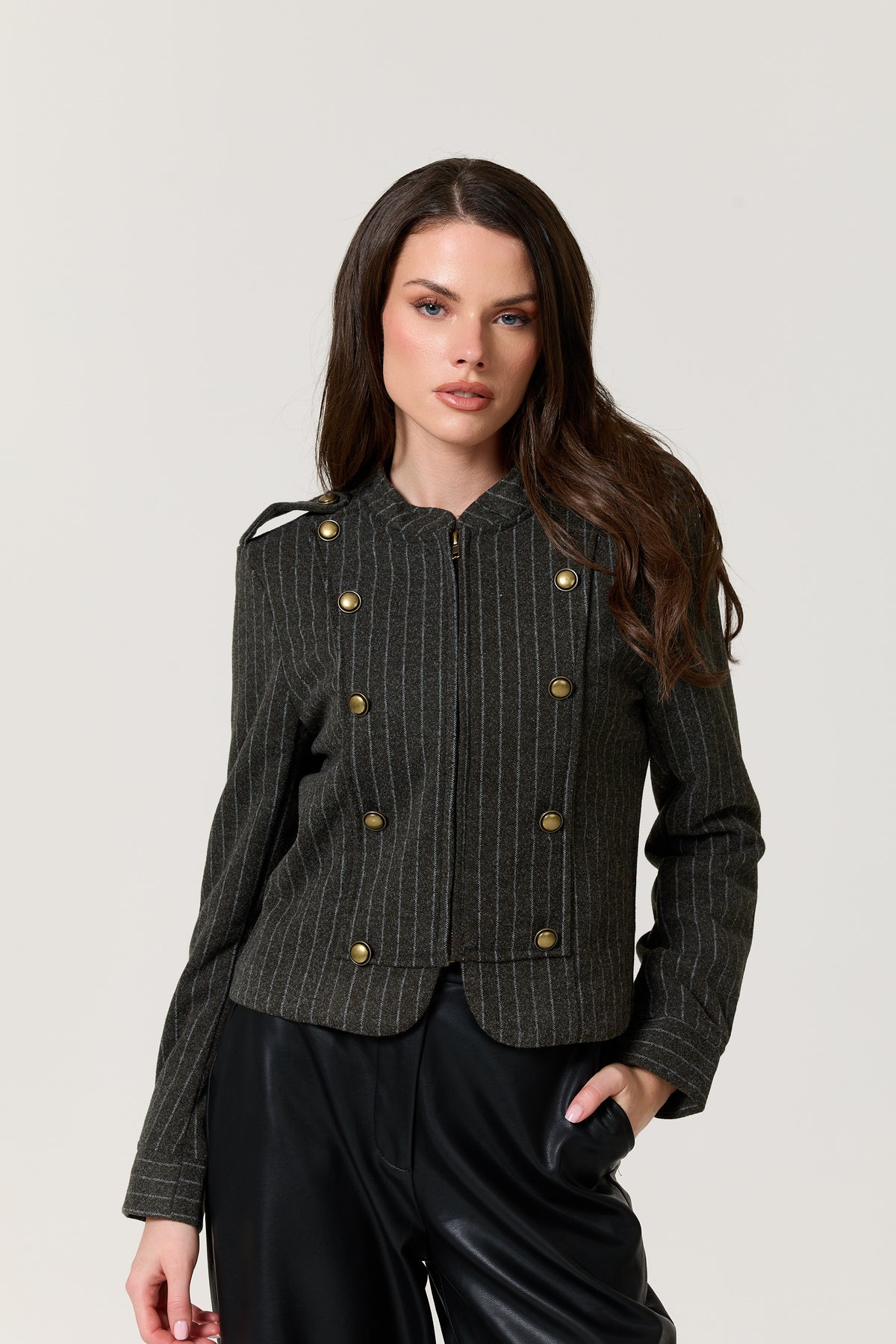 
                  
                    Grey Pinstripe Military Jacket
                  
                