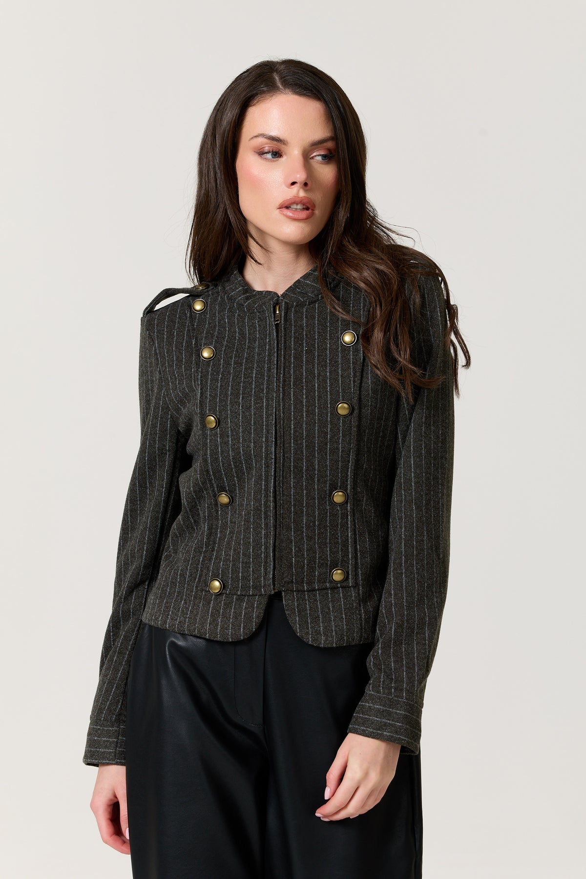 
                  
                    Grey Pinstripe Military Jacket
                  
                