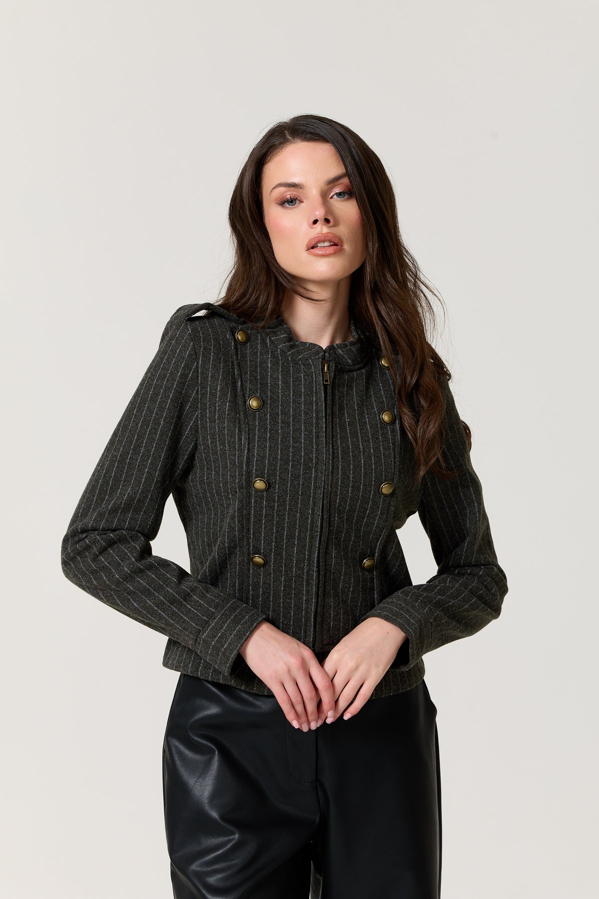 
                  
                    Grey Pinstripe Military Jacket
                  
                