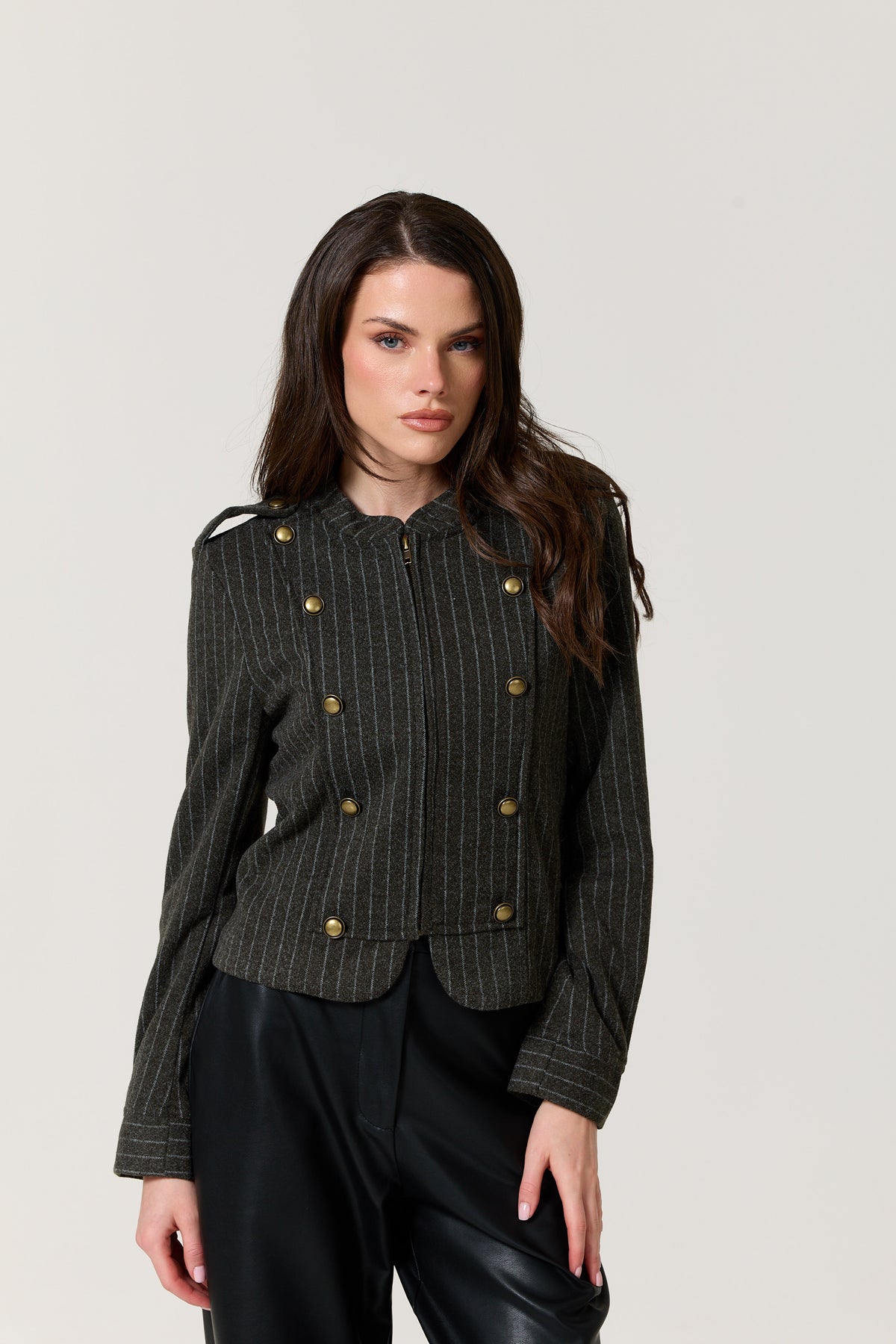 
                  
                    Grey Pinstripe Military Jacket
                  
                