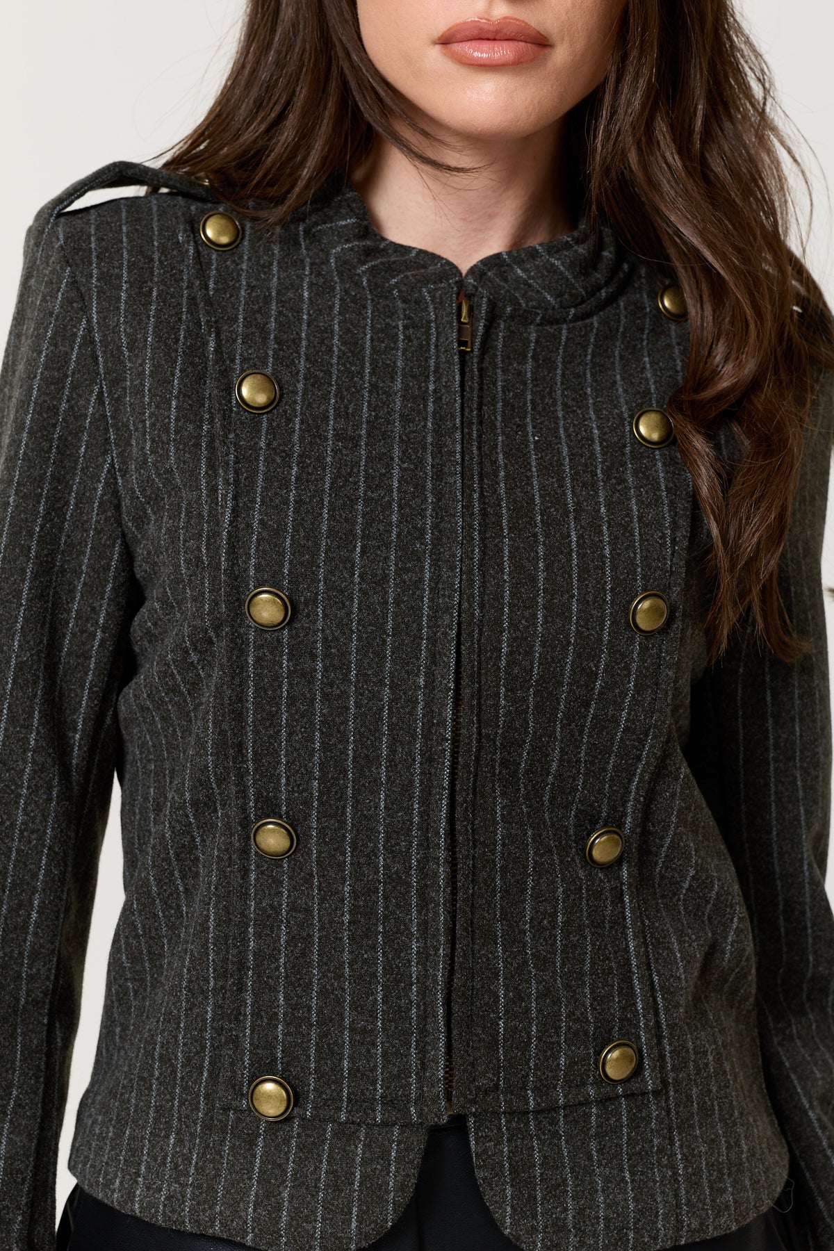 
                  
                    Grey Pinstripe Military Jacket
                  
                
