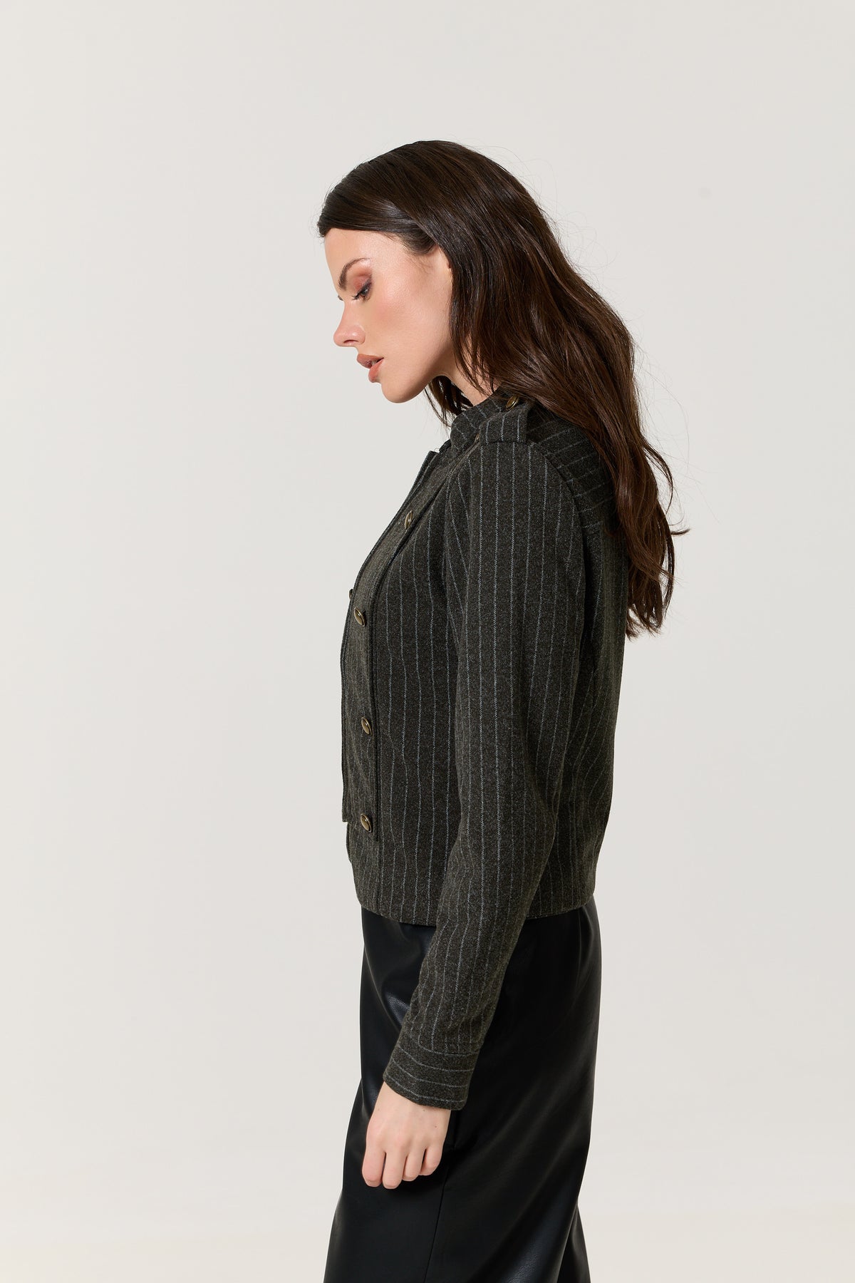 
                  
                    Grey Pinstripe Military Jacket
                  
                
