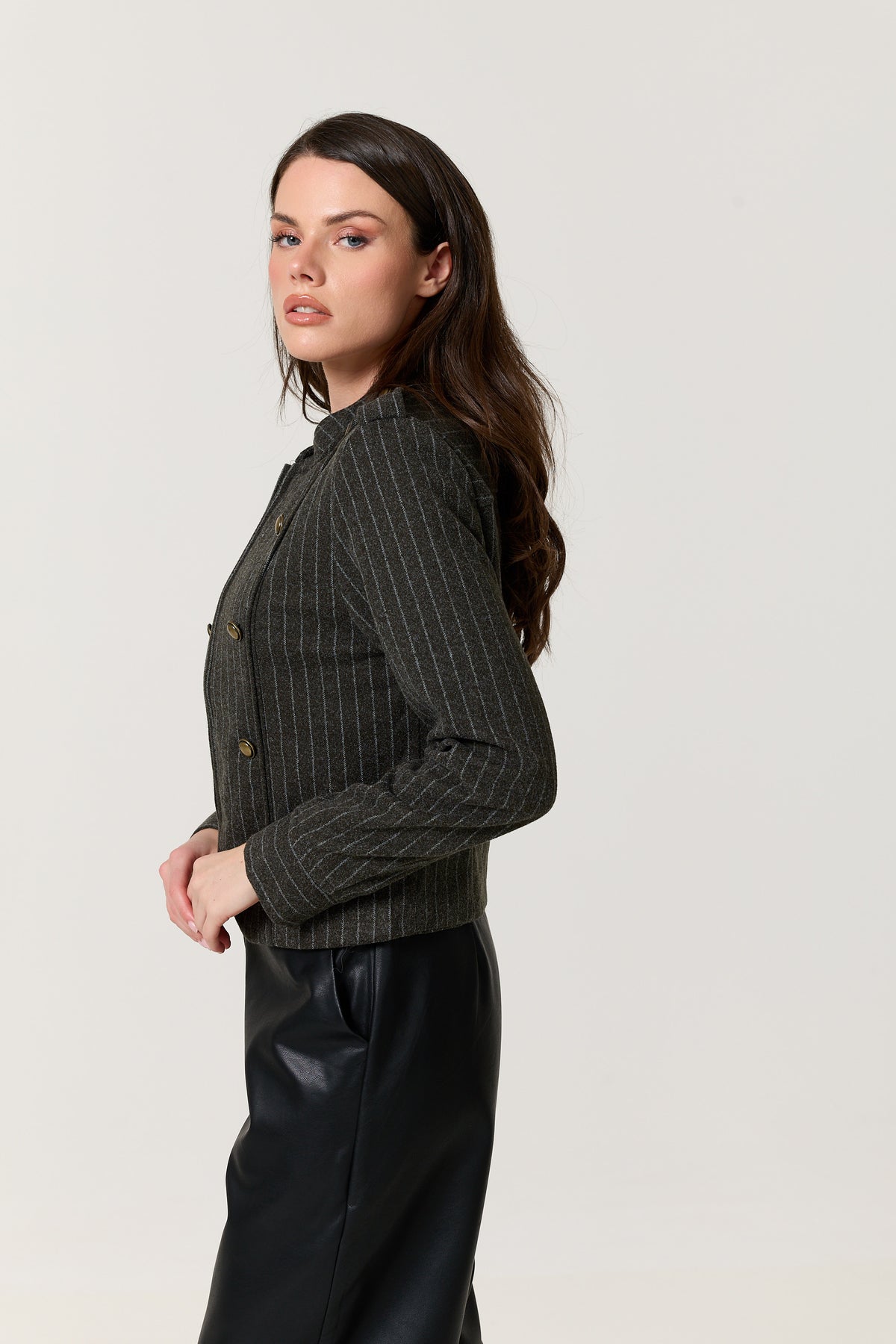 
                  
                    Grey Pinstripe Military Jacket
                  
                