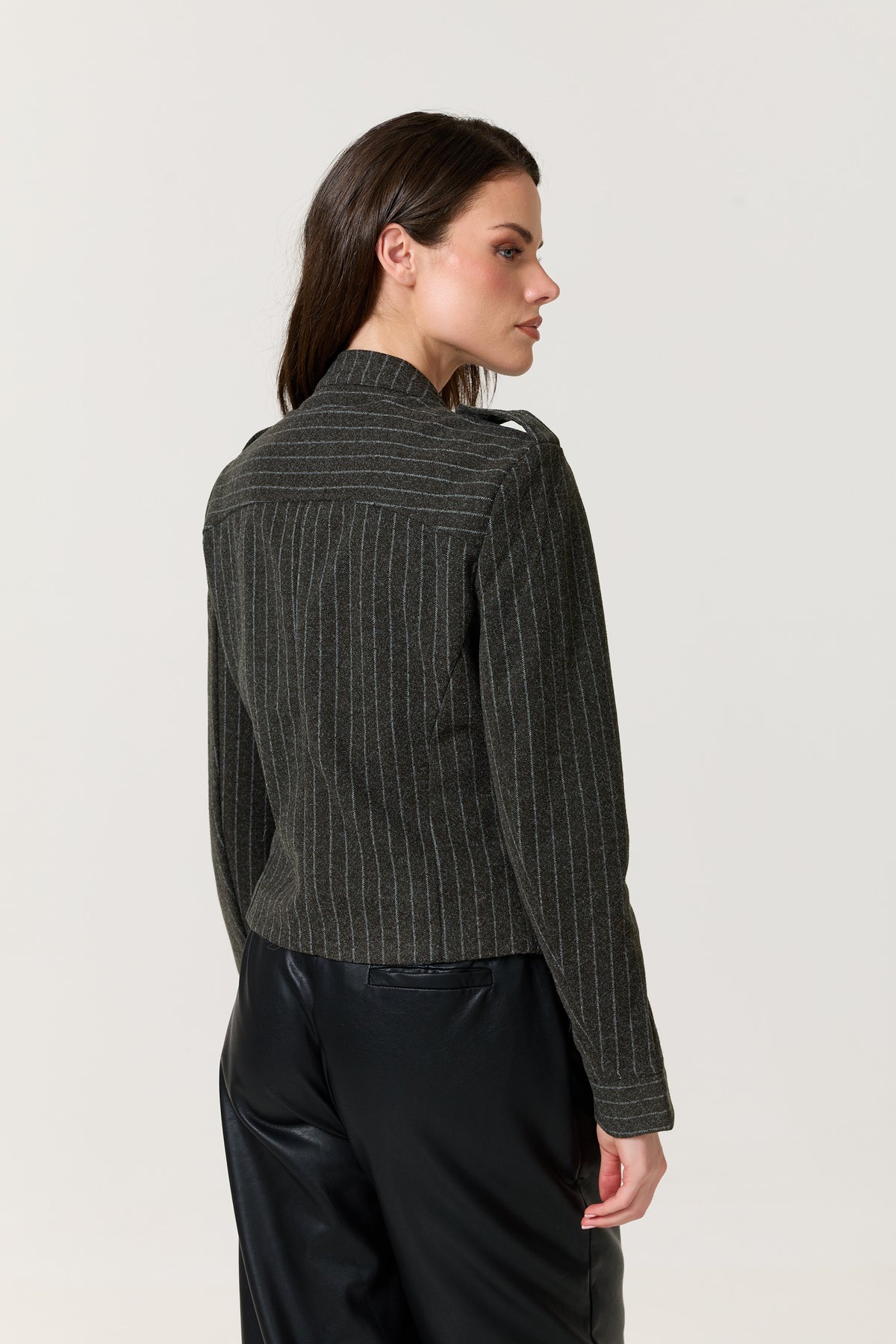 
                  
                    Grey Pinstripe Military Jacket
                  
                