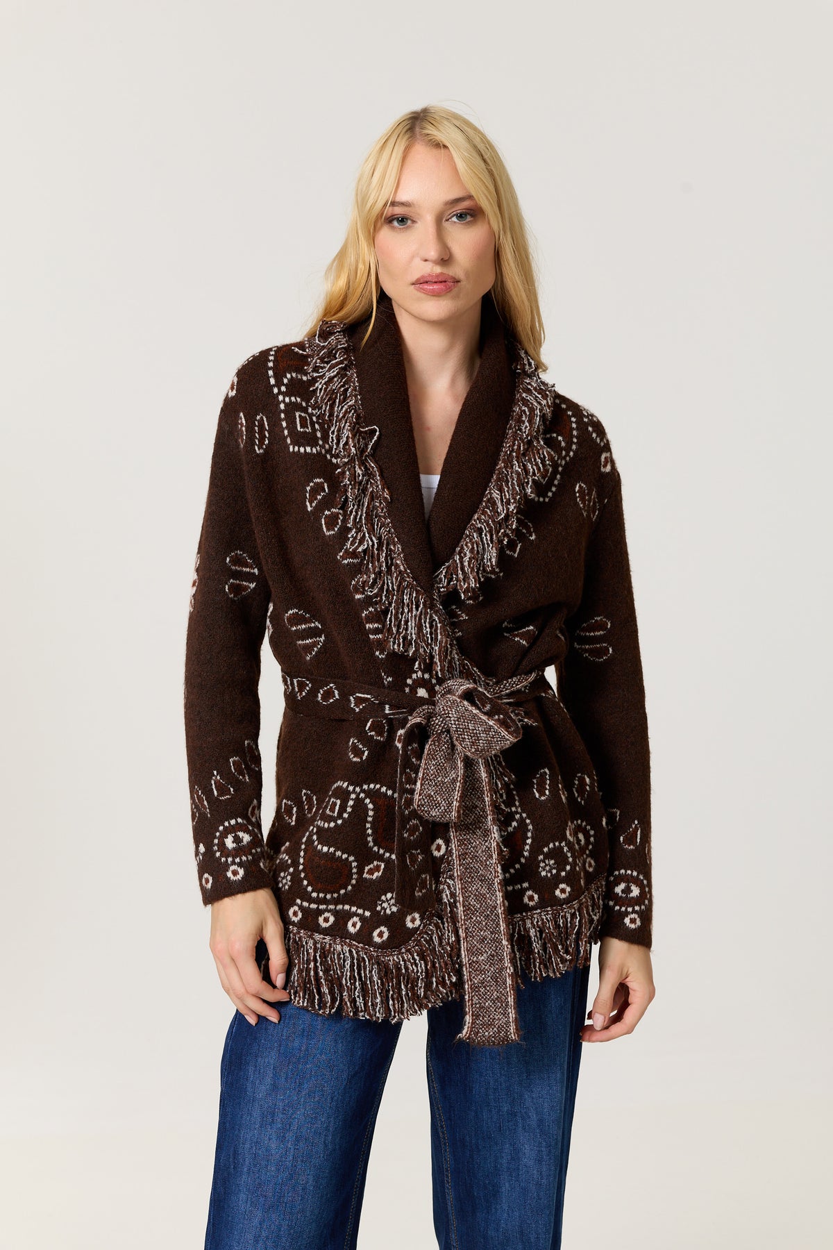 
                  
                    Brown Paisley Fringe Wool Blend Cardigan
                  
                